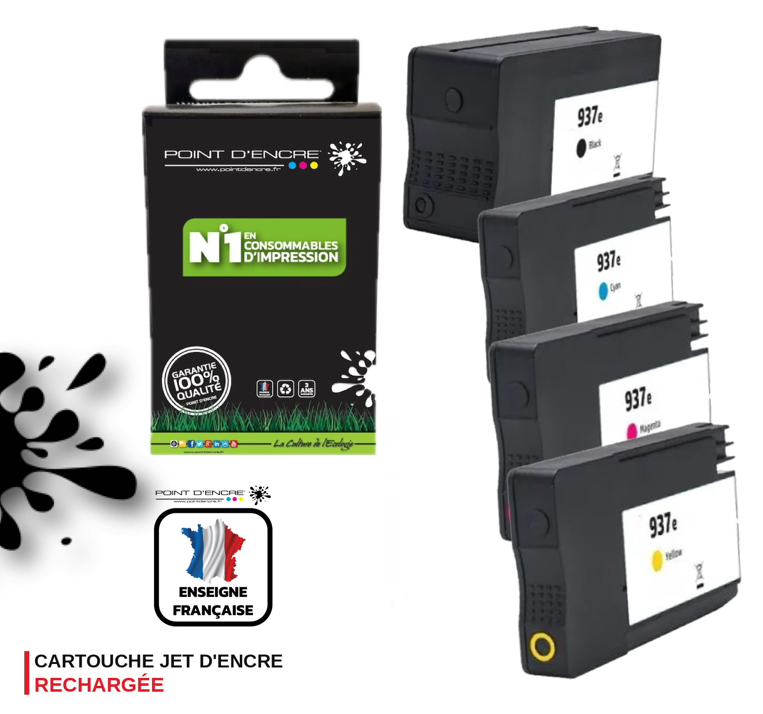 937eXL - Pack de 4 Cartouches D'encre Noir/Cyan/Magenta/ Jaune - Grande capacité de Marque Française POINT D'ENCRE Pour imprimante compatible HP (cehp)