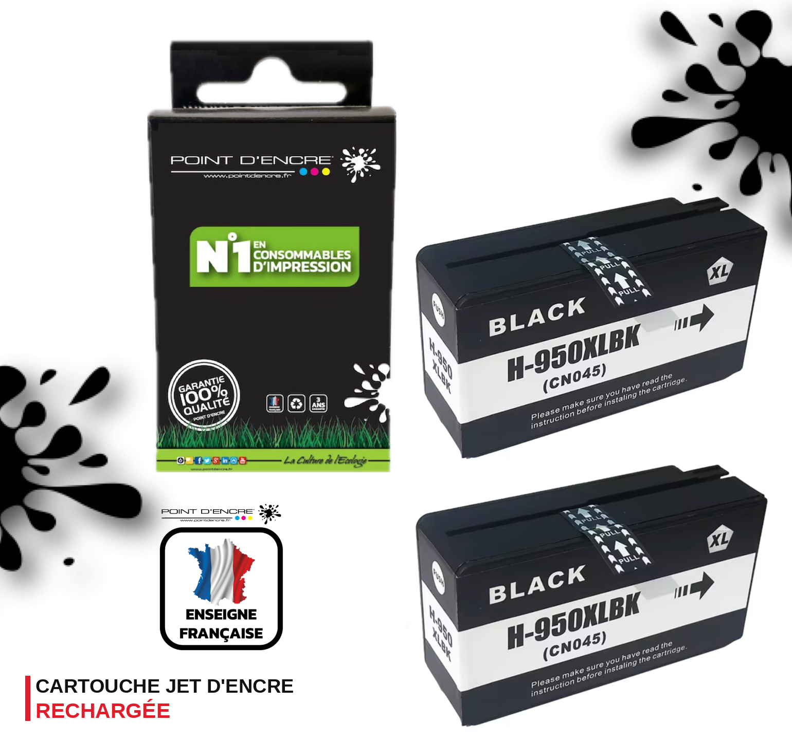 950XL - 2 X NOIR - Grande capacité de Marque Française POINT D'ENCRE Pour imprimante compatible HP (cehp)