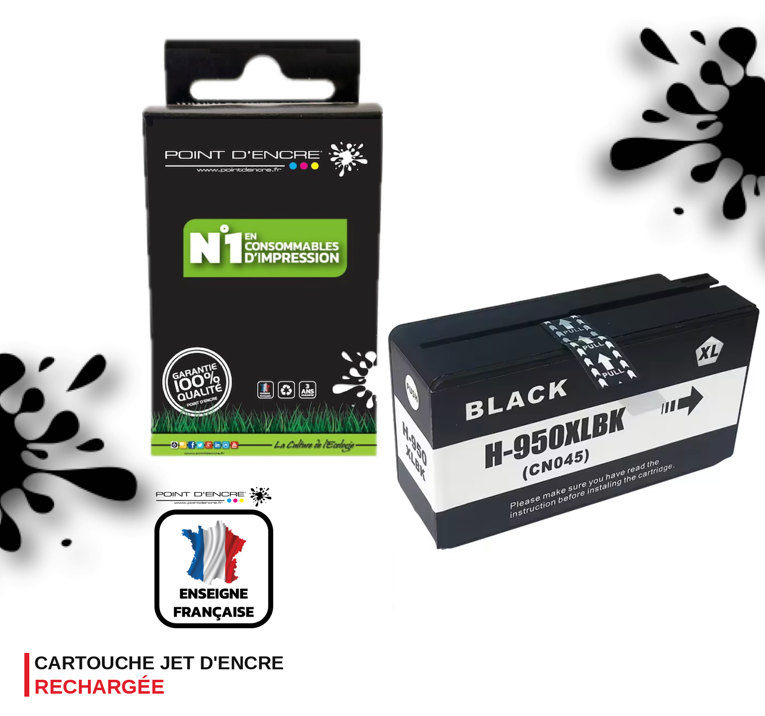950XL - NOIR - Grande capacité de Marque Française POINT D'ENCRE Pour imprimante compatible HP (cehp)