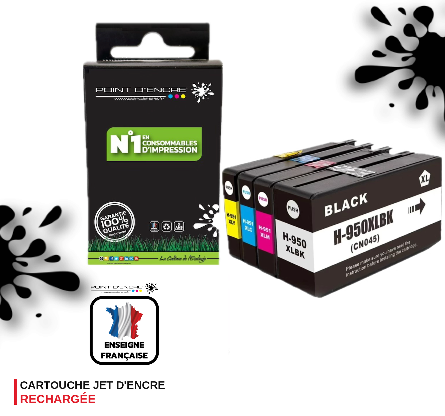 950XL / 951XL - Pack de 4 Cartouches D'encre Noir/Cyan/Magenta/ Jaune - Grande capacité de Marque Française POINT D'ENCRE Pour imprimante compatible HP (cehp)