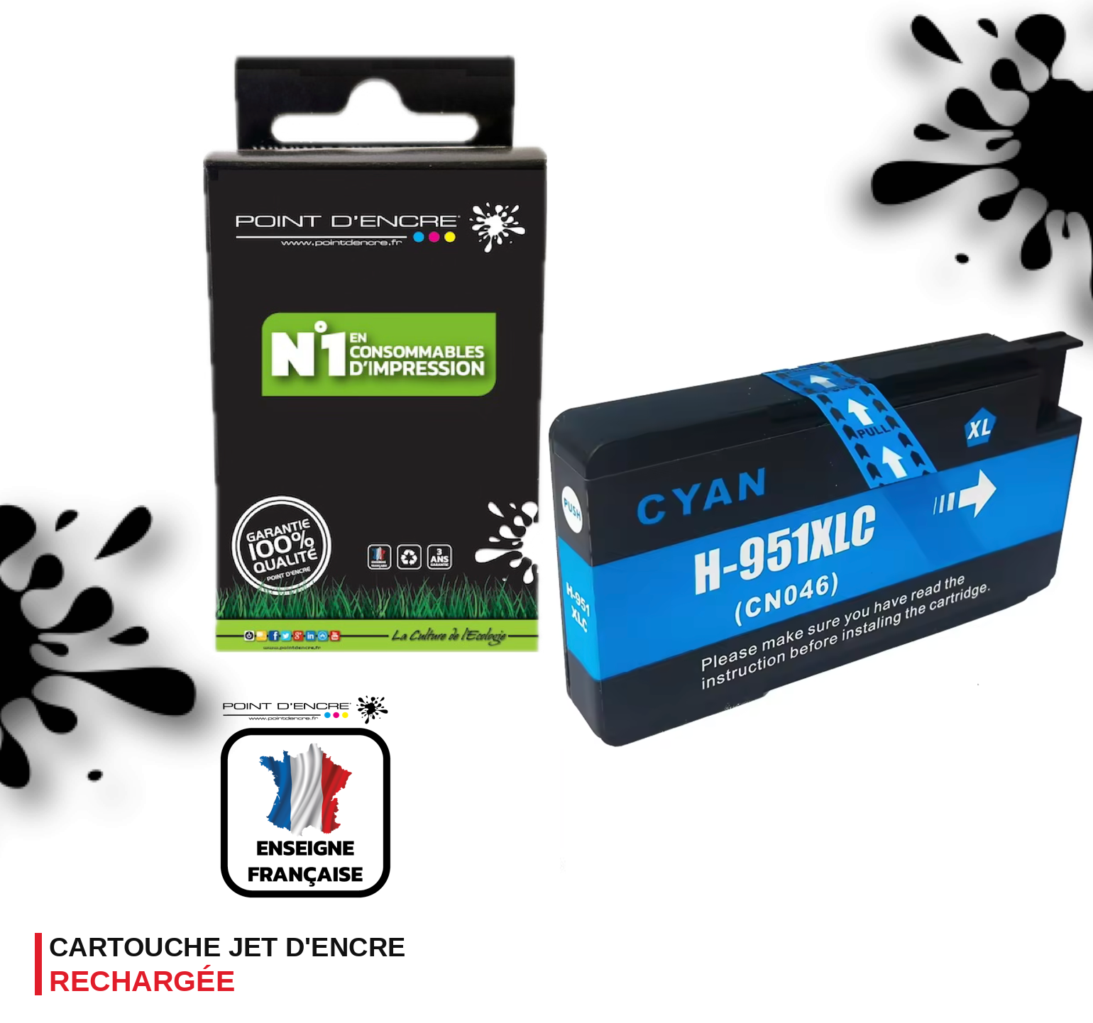 951XL - CYAN - Grande capacité de Marque Française POINT D'ENCRE Pour imprimante compatible HP (cehp)