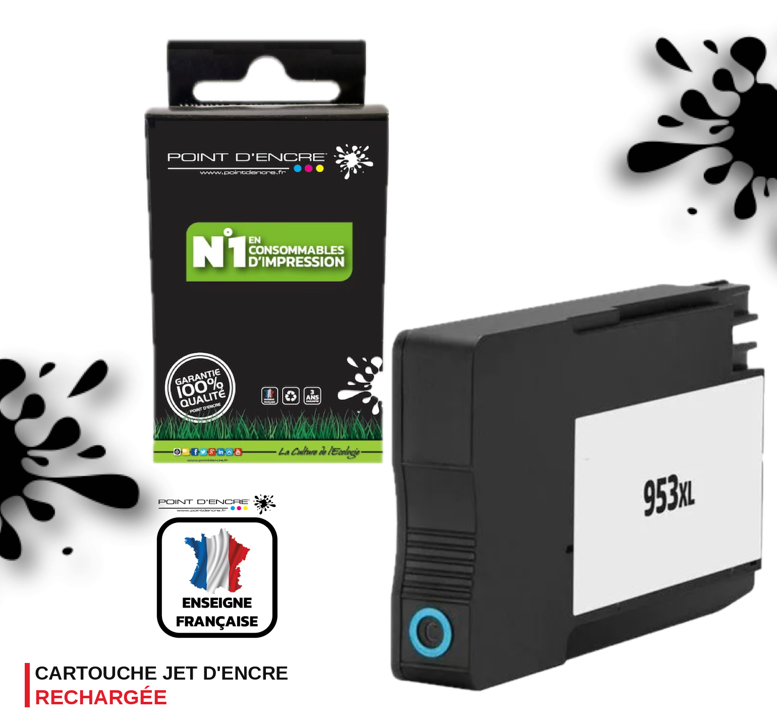 953XL - CYAN - Grande capacité de Marque Française POINT D'ENCRE Pour imprimante compatible HP (cehp)