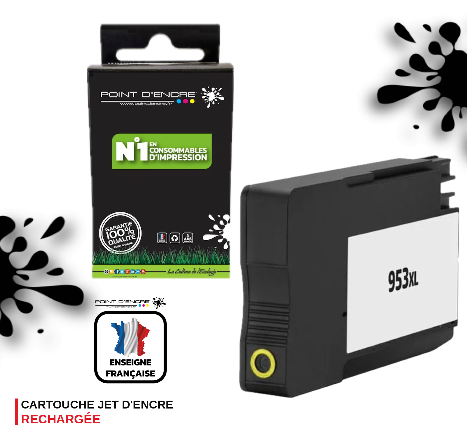 953XL - JAUNE - Grande capacité de Marque Française POINT D'ENCRE Pour imprimante compatible HP (cehp)