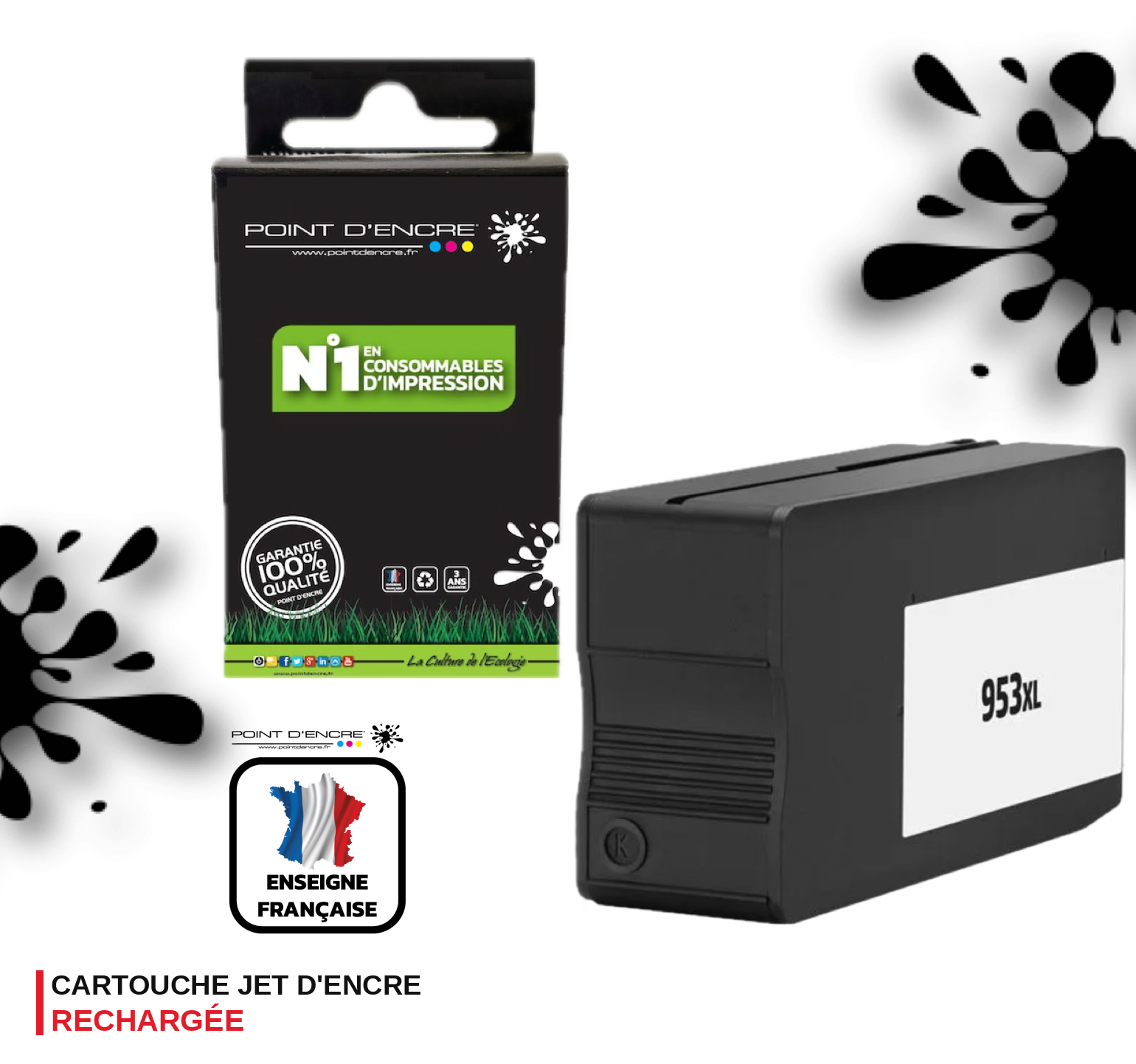 953XL - NOIR - Grande capacité de Marque Française POINT D'ENCRE Pour imprimante compatible HP (cehp)