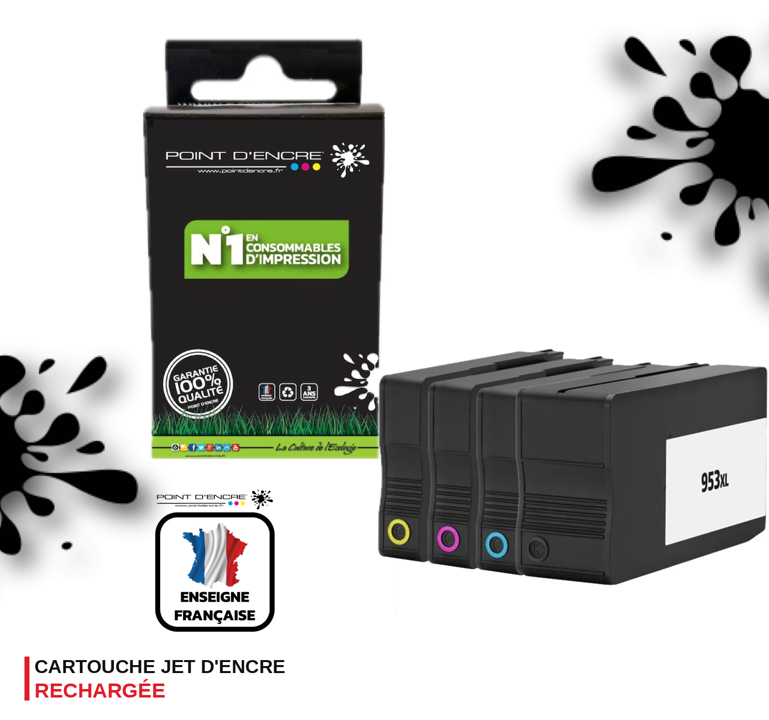 953XL - Pack de 4 Cartouches D'encre Noir/Cyan/Magenta/ Jaune - Grande capacité de Marque Française POINT D'ENCRE Pour imprimante compatible HP (cehp)