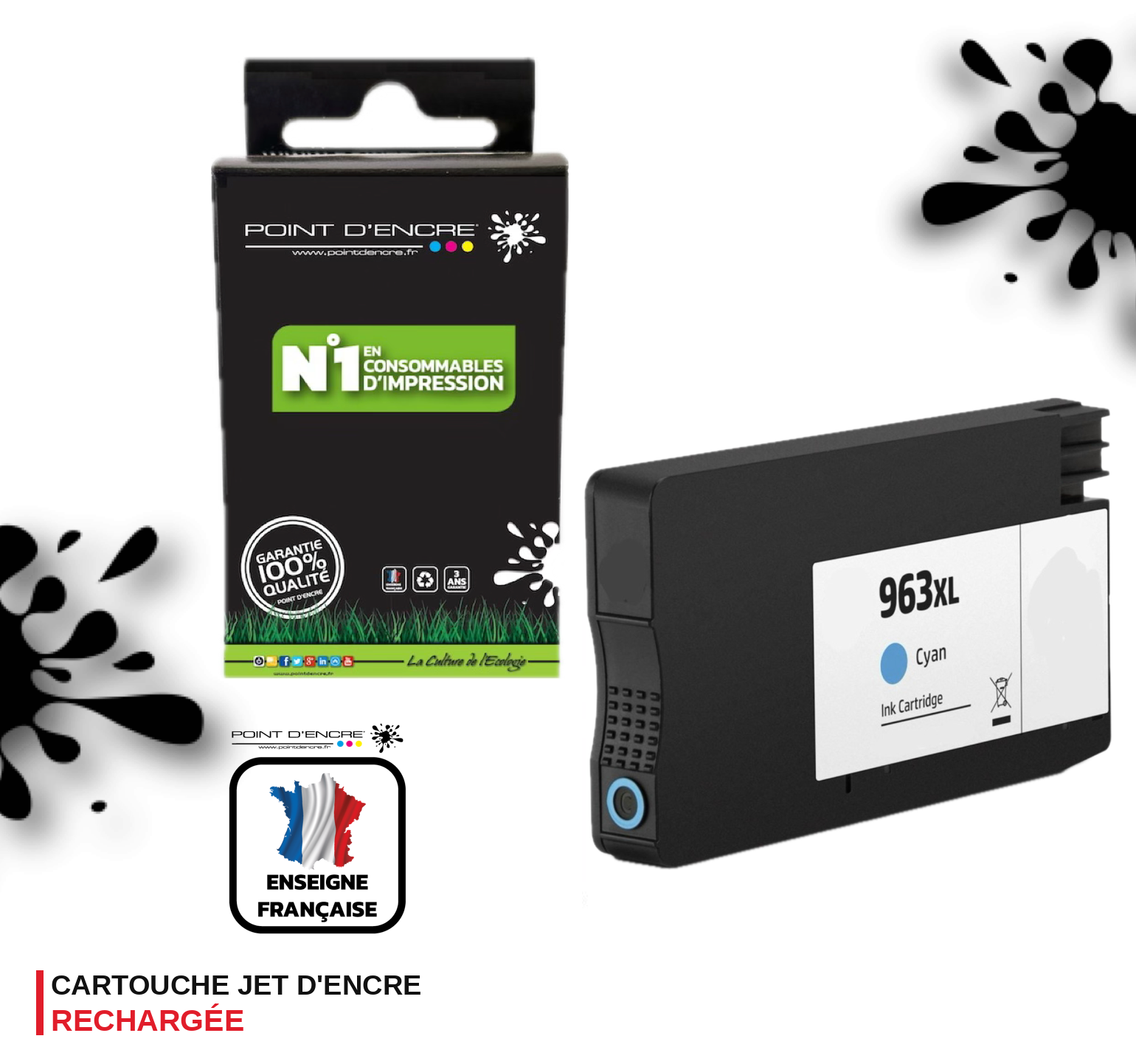 963XL - CYAN - Grande capacité de Marque Française POINT D'ENCRE Pour imprimante compatible HP (cehp)