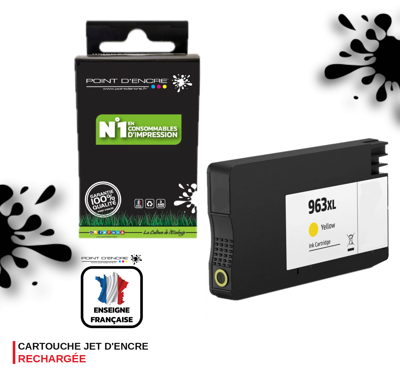 963XL - JAUNE - Grande capacité de Marque Française POINT D'ENCRE Pour imprimante compatible HP (cehp)