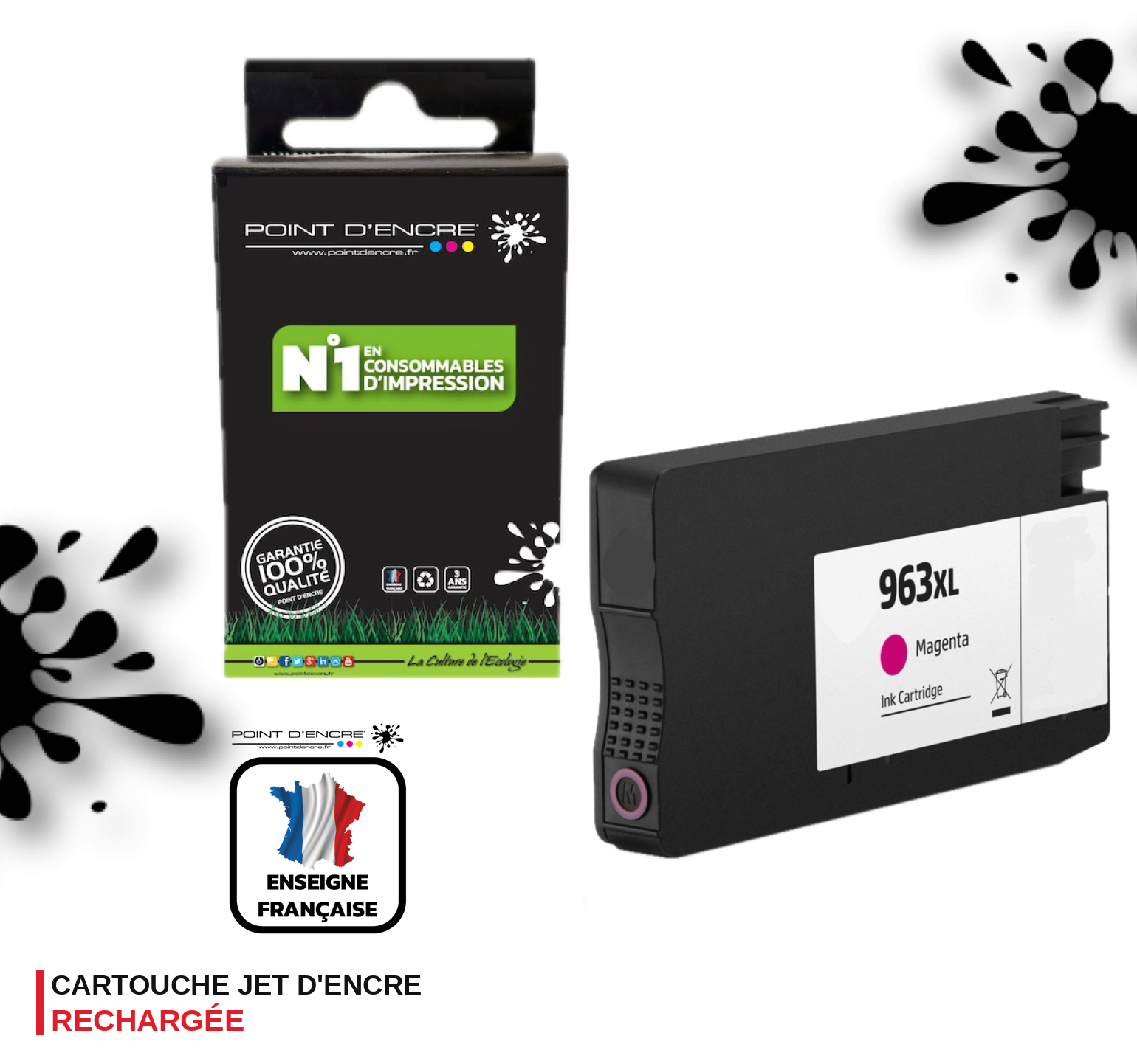 963XL - MAGENTA - Grande capacité de Marque Française POINT D'ENCRE Pour imprimante compatible HP (cehp)