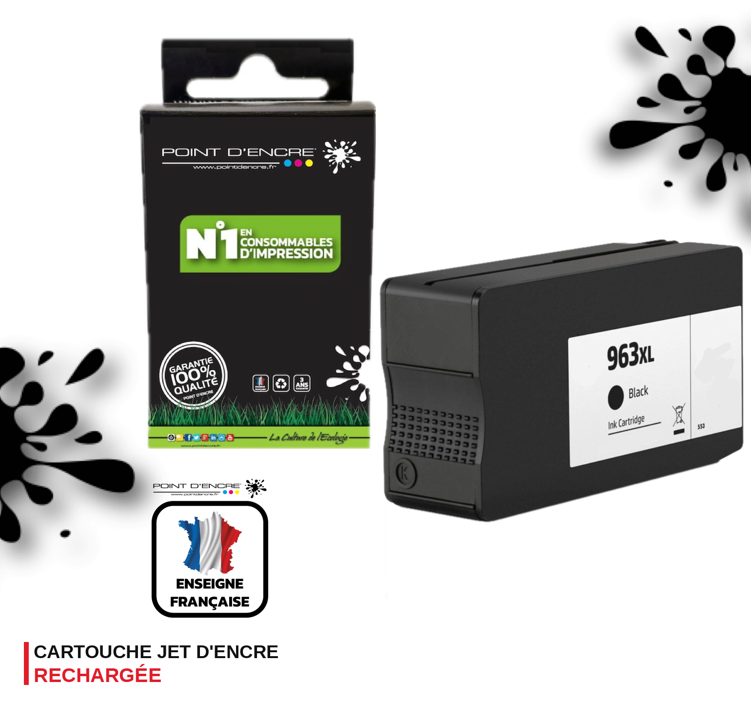 963XL - NOIR - Grande capacité de Marque Française POINT D'ENCRE Pour imprimante compatible HP (cehp)
