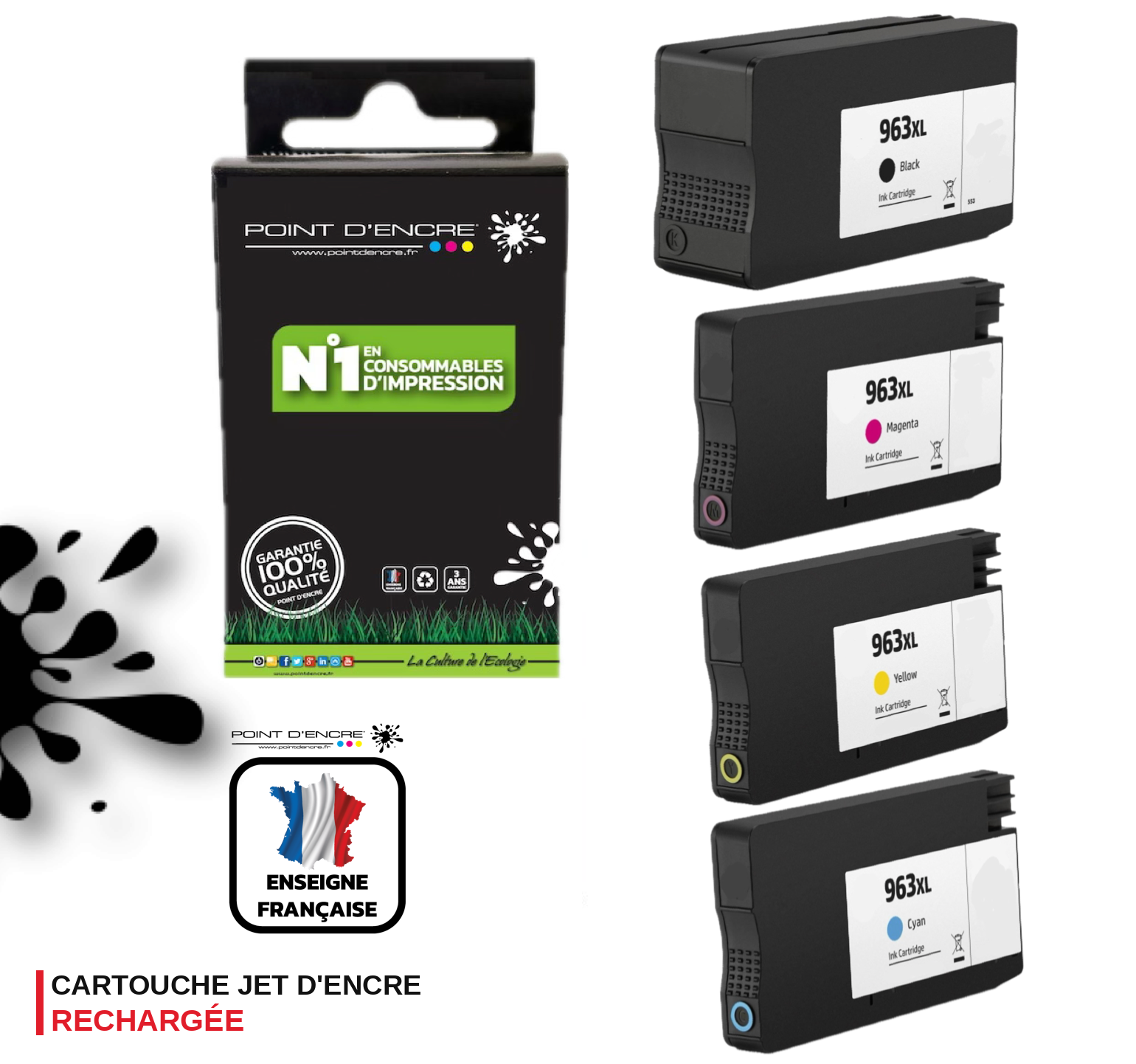 963XL - Pack de 4 Cartouches D'encre Noir/Cyan/Magenta/ Jaune - Grande capacité de Marque Française POINT D'ENCRE Pour imprimante compatible HP (cehp)