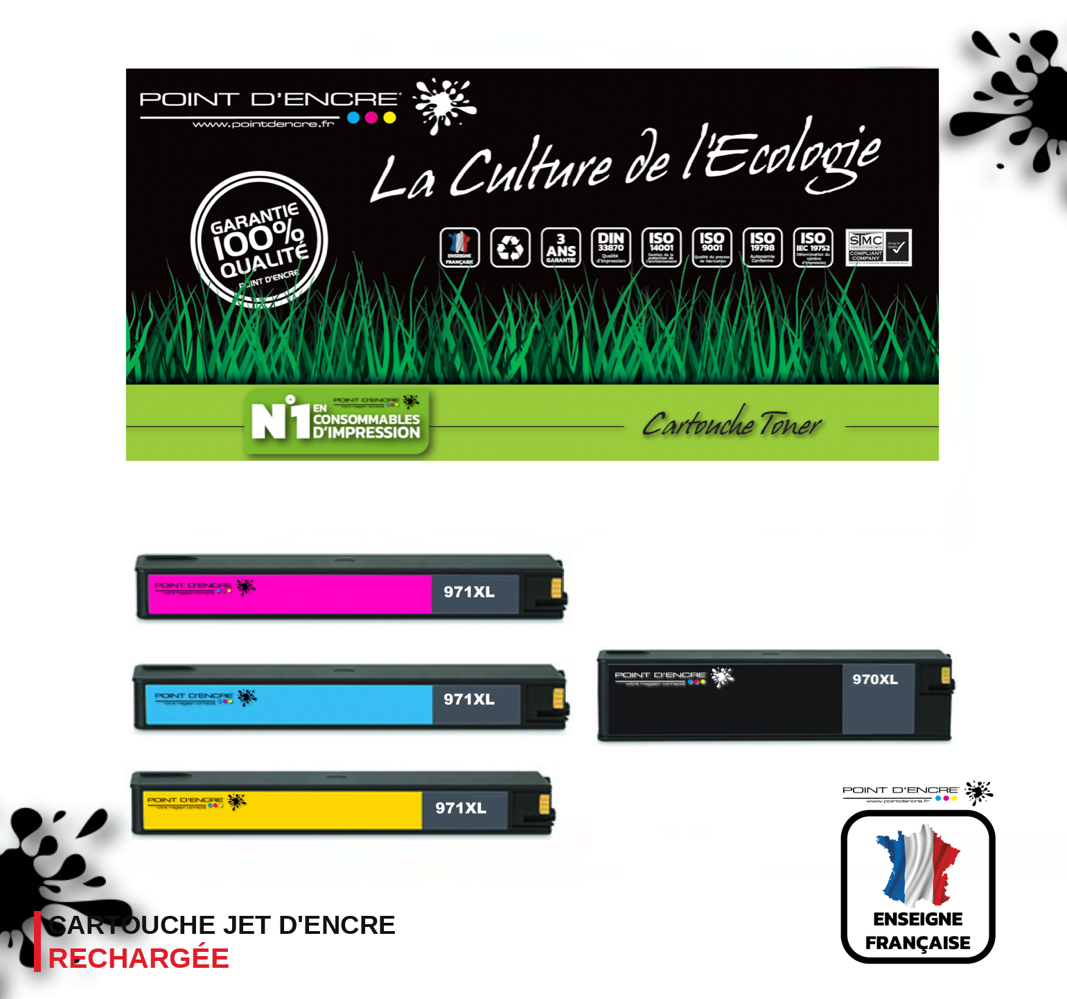 970XL / 971XL - NOIR / CYAN / MAGENTA / JAUNE - Grande capacité de Marque Française POINT D'ENCRE Pour imprimante compatible HP (clhp)