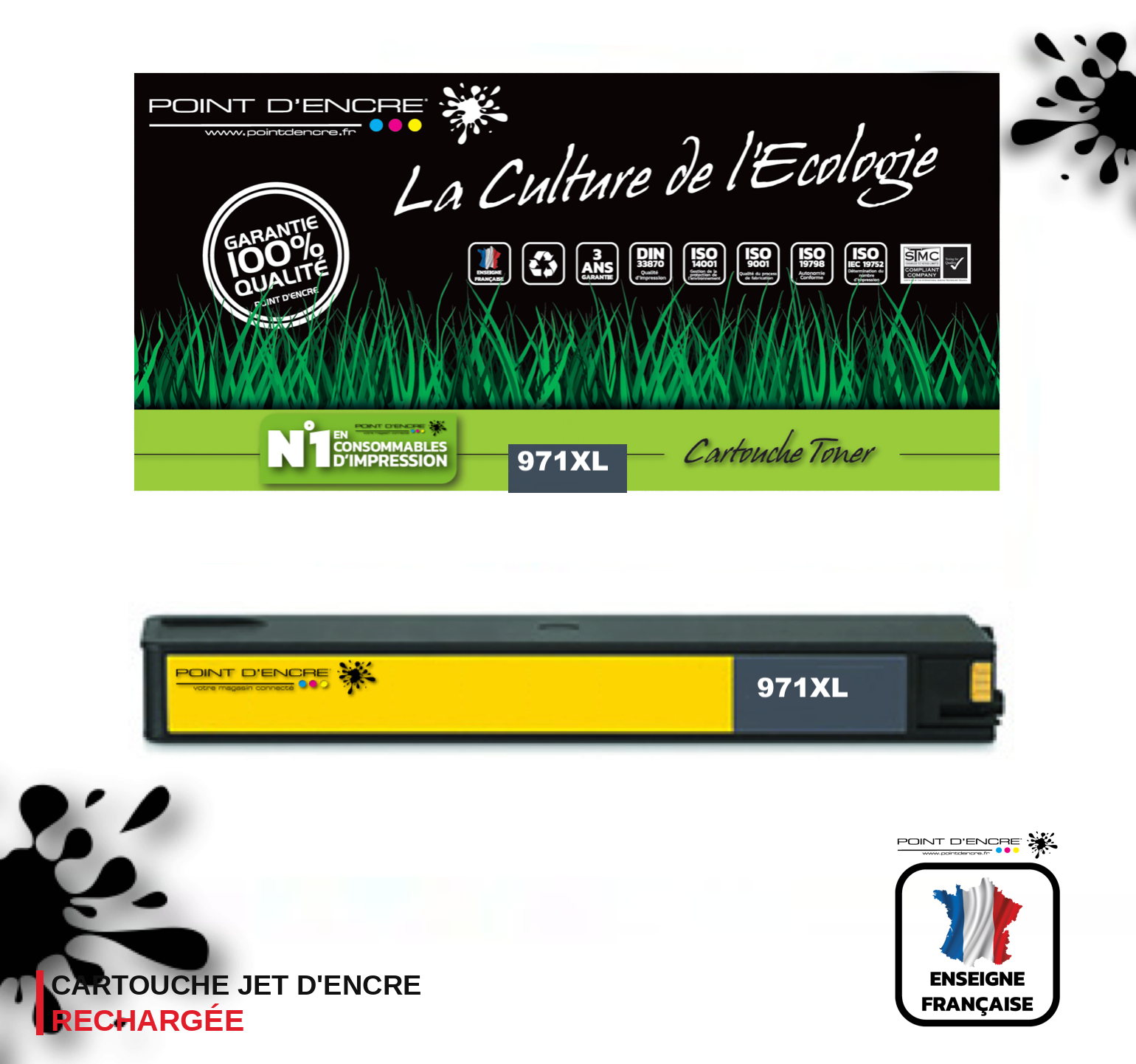 971XL - JAUNE  - Grande capacité de Marque Française POINT D'ENCRE Pour imprimante compatible HP (clhp)