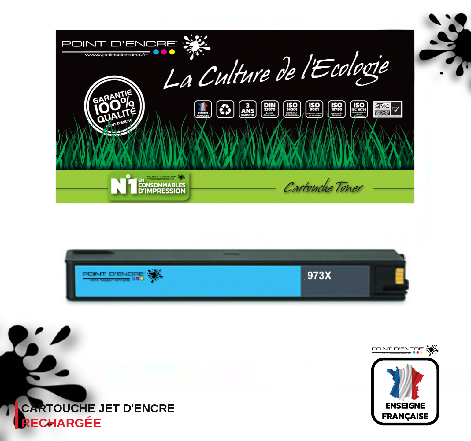 973XL / 913- CYAN - Grande capacité de Marque Française POINT D'ENCRE Pour imprimante compatible HP (clhp)