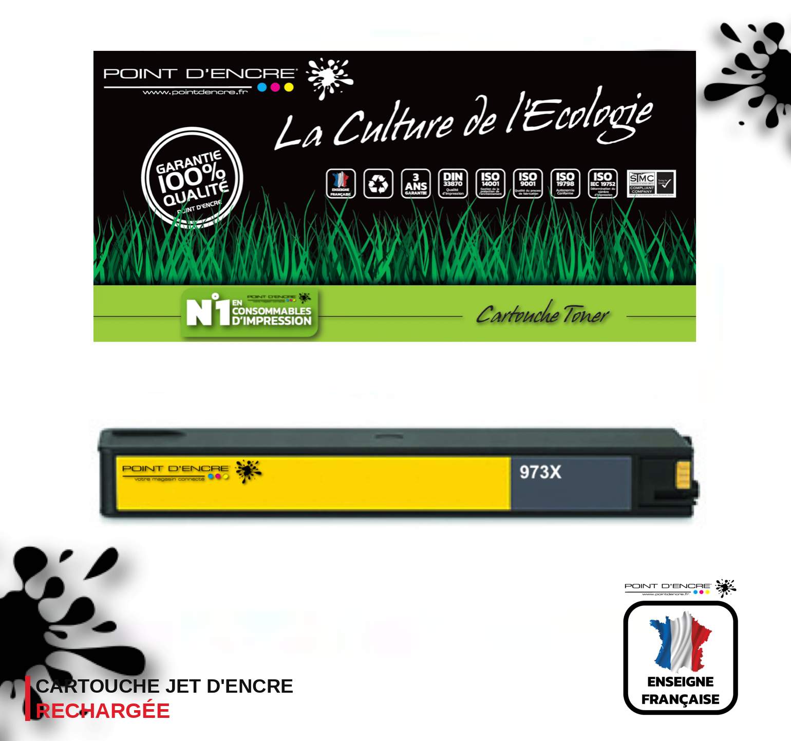 973XL / 913- JAUNE - Grande capacité de Marque Française POINT D'ENCRE Pour imprimante compatible HP (clhp)