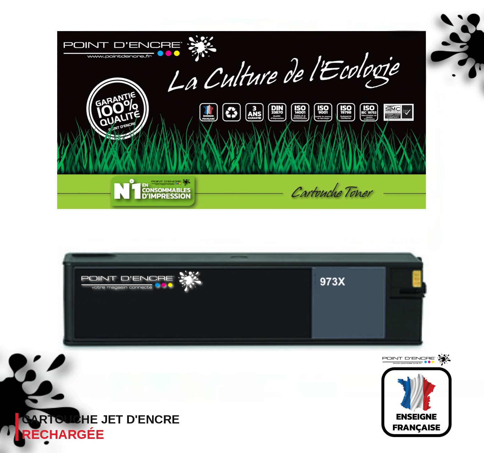 973XL / 913- NOIR - Grande capacité de Marque Française POINT D'ENCRE Pour imprimante compatible HP (clhp)