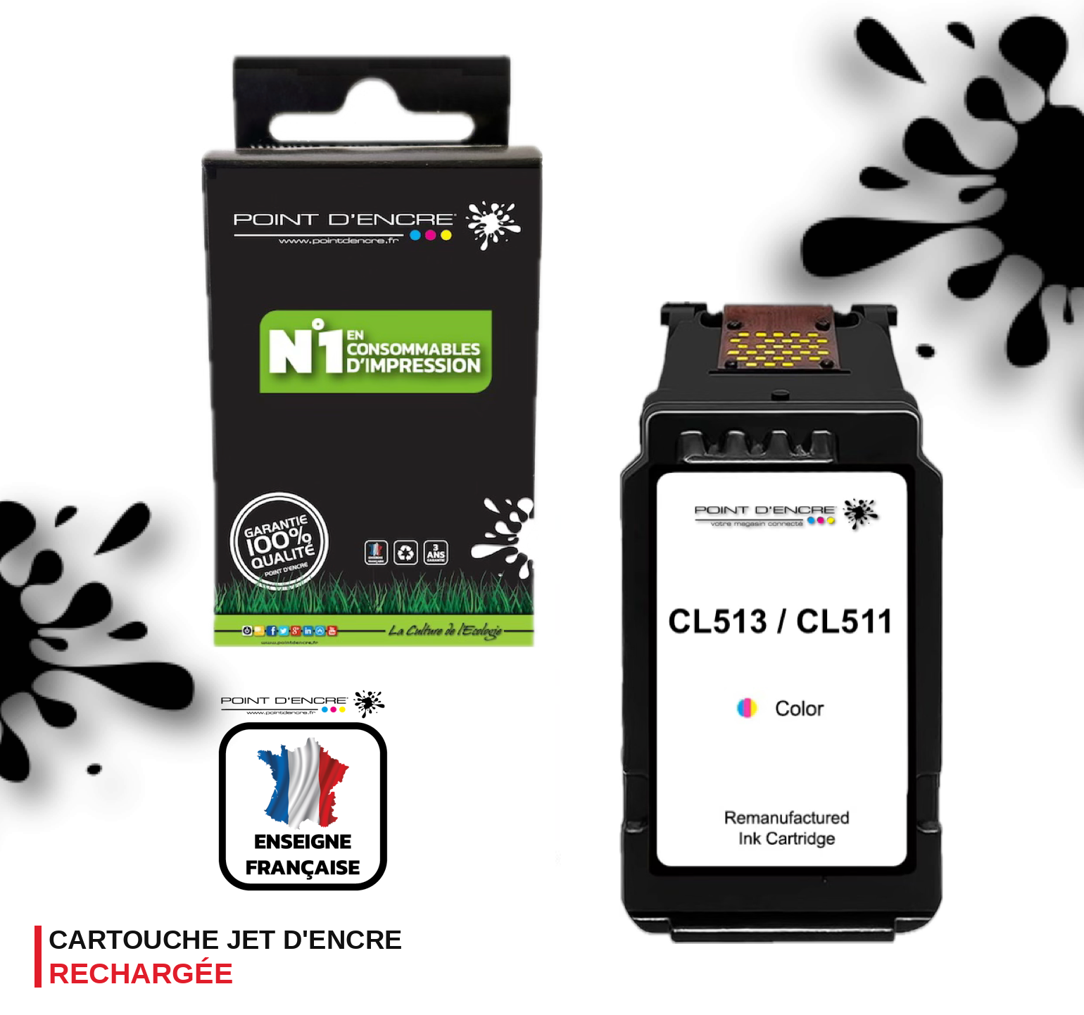 CL-513 / CL-511 COULEUR - Grande capacité de Marque Française POINT D'ENCRE - Pour imprimante compatible CANON (cec)