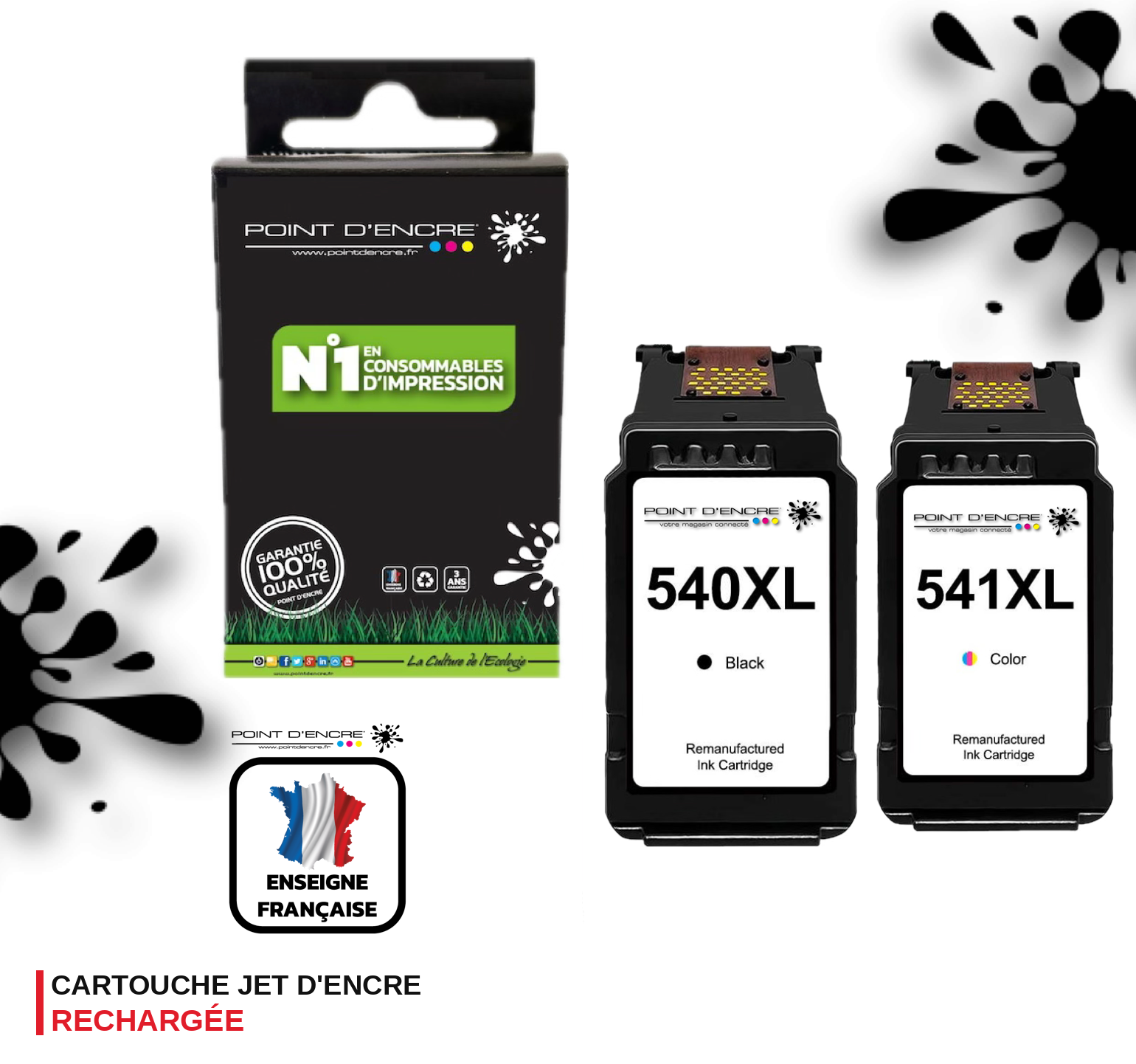 PG-540XL - CL-541XL - NOIR & COULEUR - 5222B005 / PG-540 XL -&nbsp;5226B005 / CL-541 XL - Grande capacité de Marque Française POINT D'ENCRE - Pour imprimante compatible CANON (cec)
