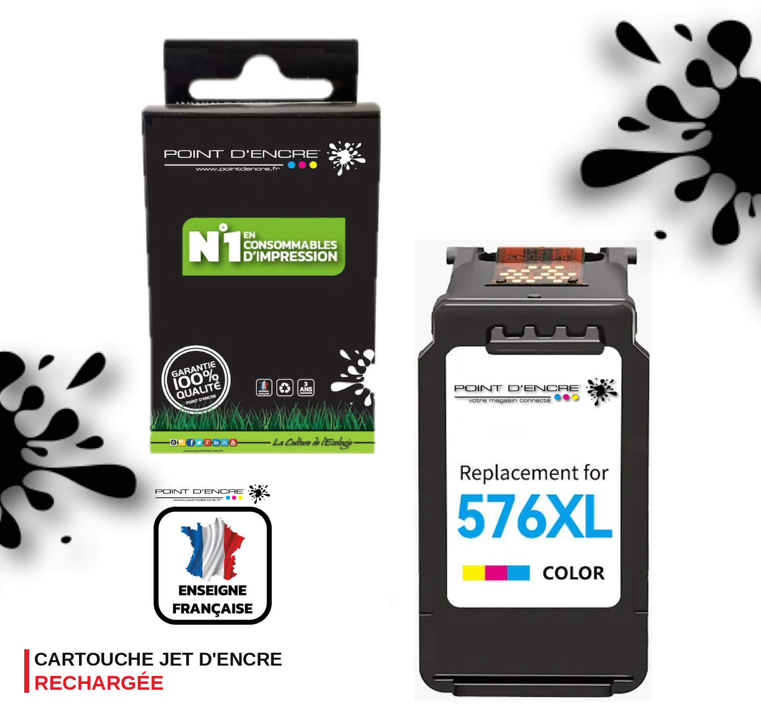 CL-576XL - COULEUR - Grande capacité de Marque Française POINT D'ENCRE - Pour imprimante compatible CANON (cec)