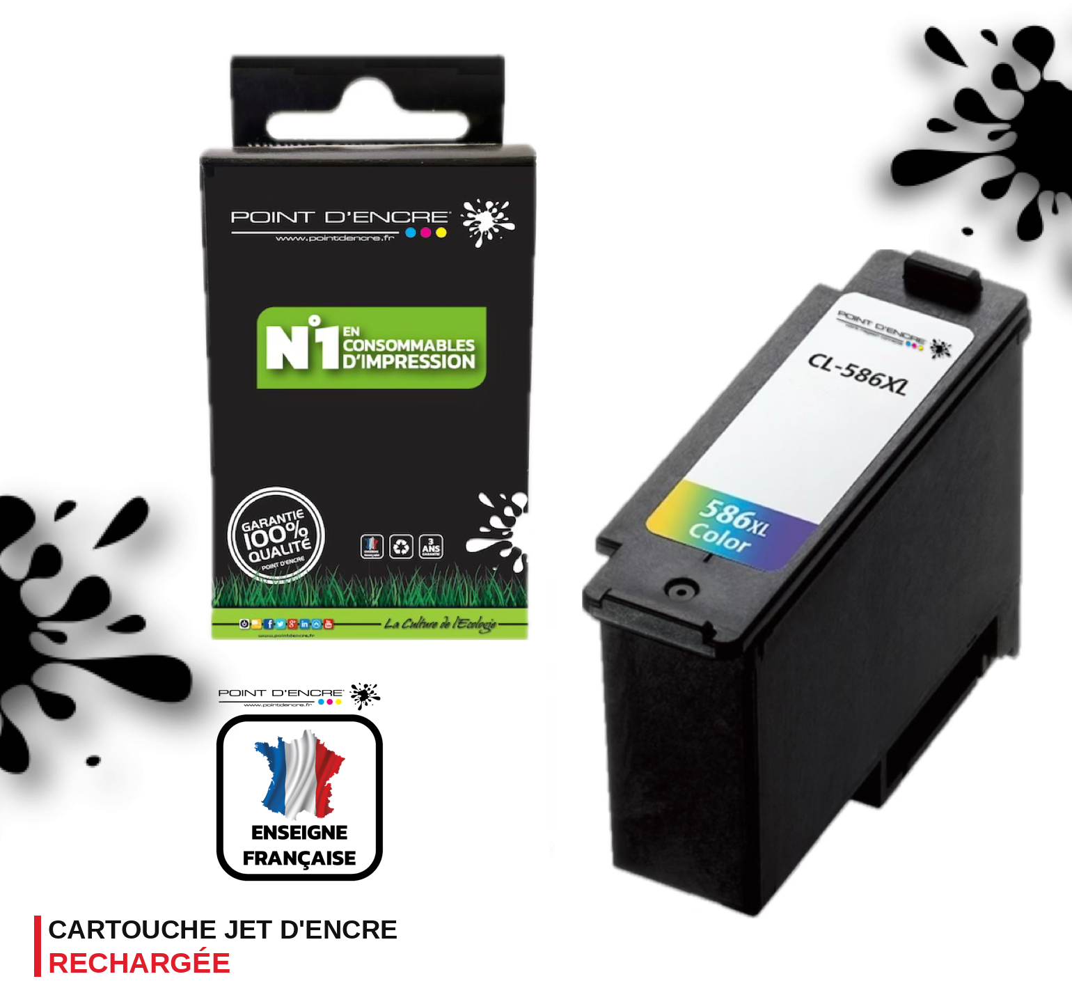 CL-586XL - COULEUR - Grande capacité de Marque Française POINT D'ENCRE - Pour imprimante compatible CANON (cec)