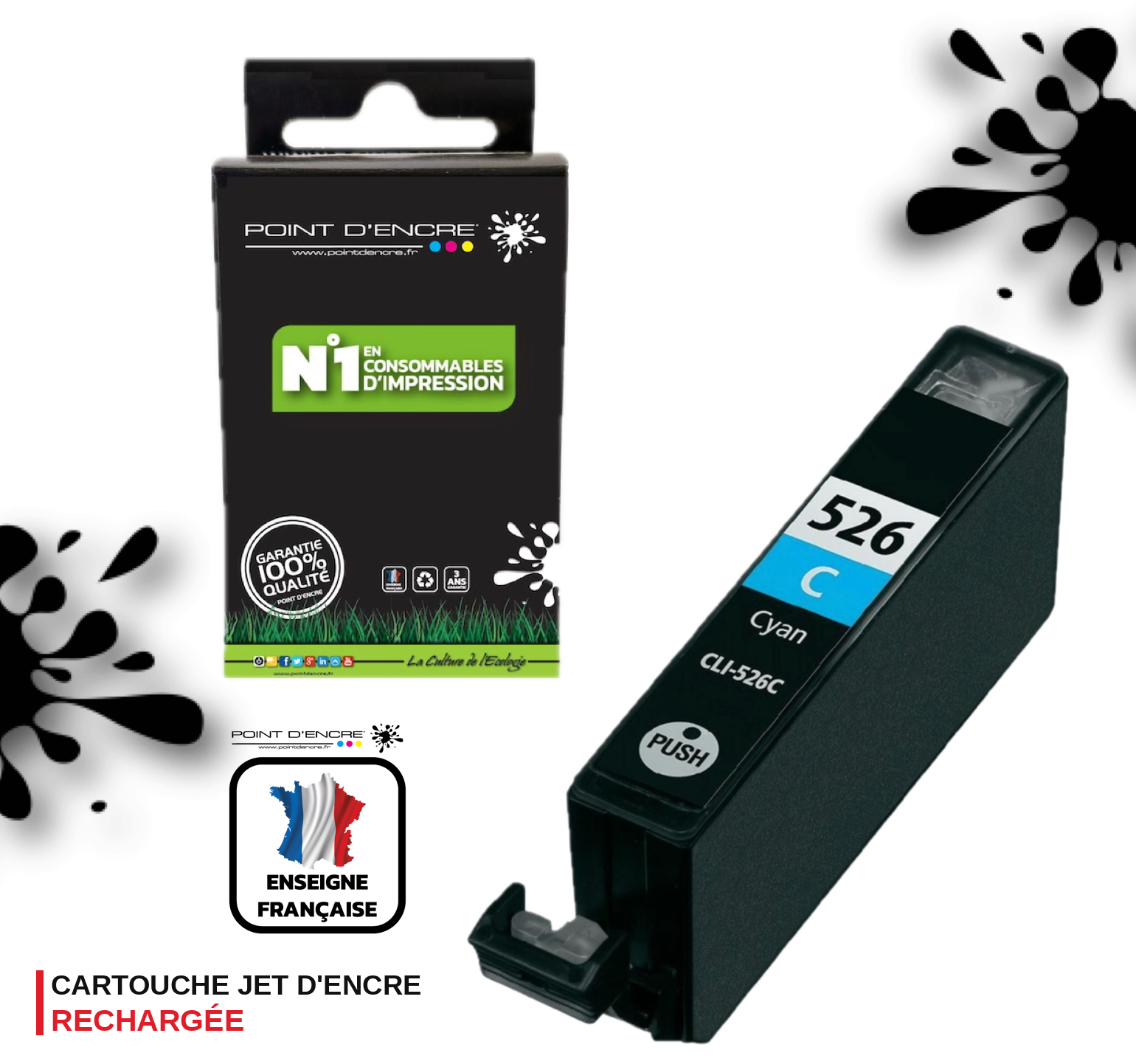 CLI-526 - CYAN - Grande capacité de Marque Française POINT D'ENCRE Pour imprimante compatible CANON (cec)