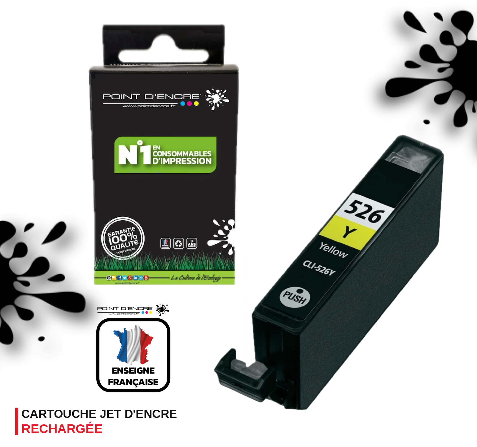 CLI-526 - JAUNE - Grande capacité de Marque Française POINT D'ENCRE Pour imprimante compatible CANON (cec)