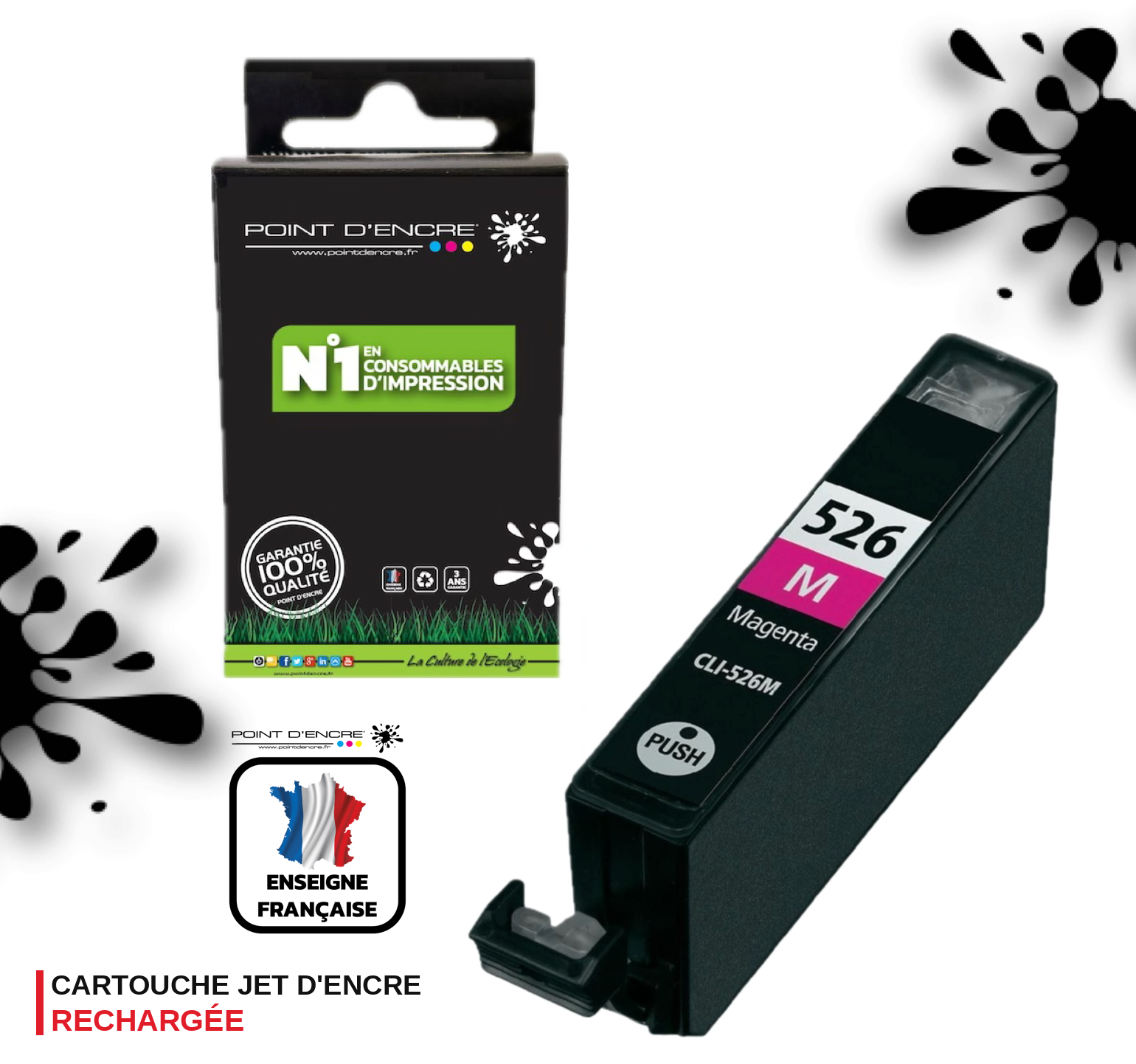 CLI-526 - MAGENTA - Grande capacité de Marque Française POINT D'ENCRE Pour imprimante compatible CANON (cec)