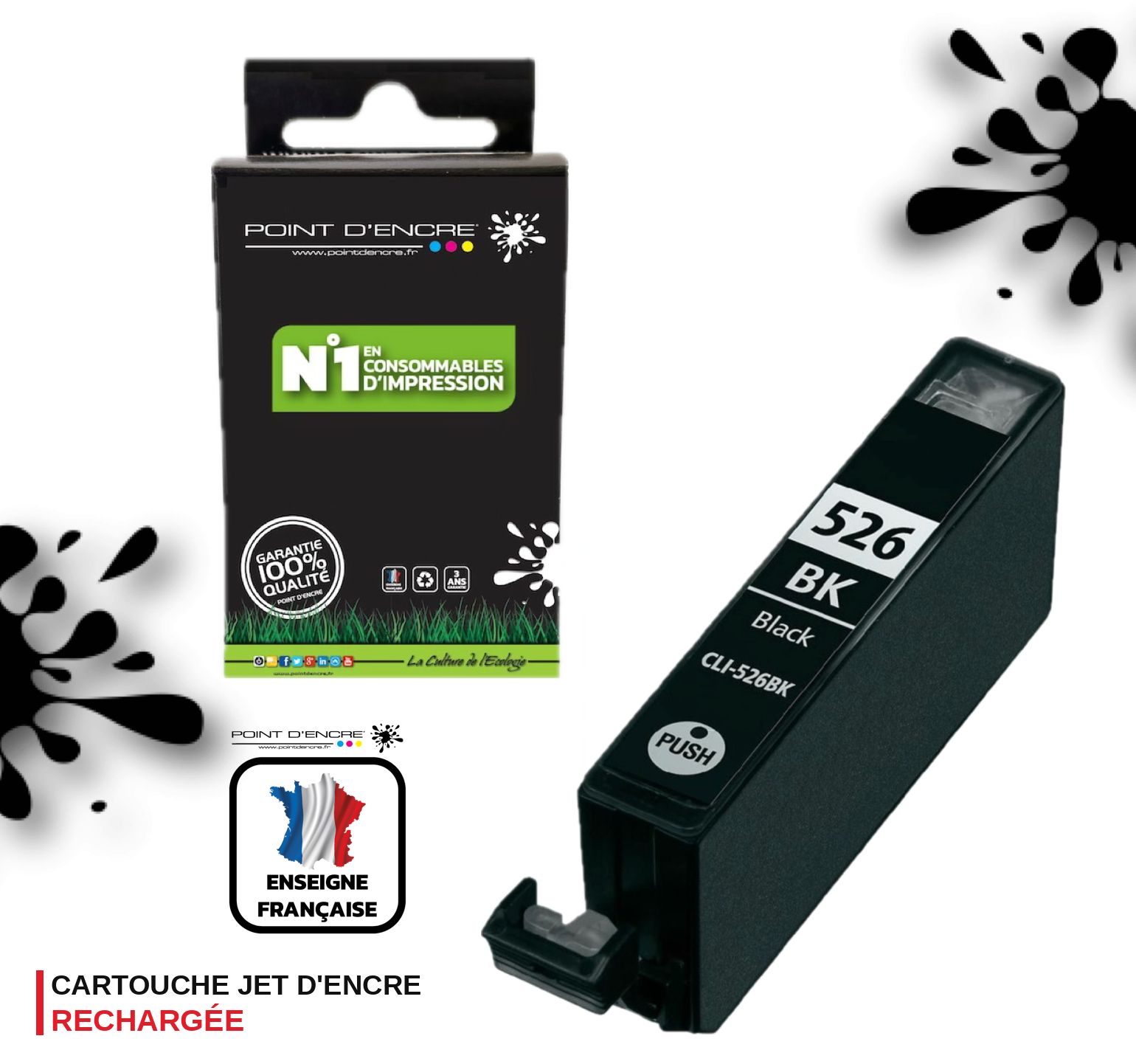 CLI-526 - NOIR PHOTO - Grande capacité de Marque Française POINT D'ENCRE Pour imprimante compatible CANON (cec)