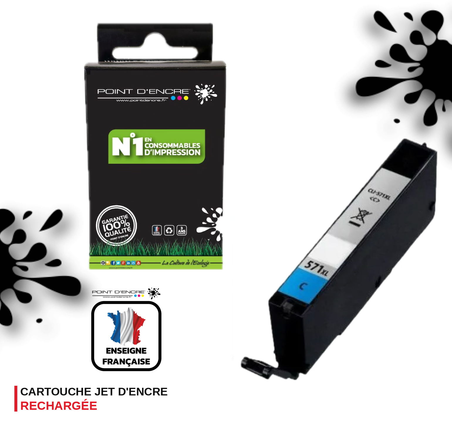 CLI-571XL - CYAN - Grande capacité de Marque Française POINT D'ENCRE Pour imprimante compatible CANON (cec)