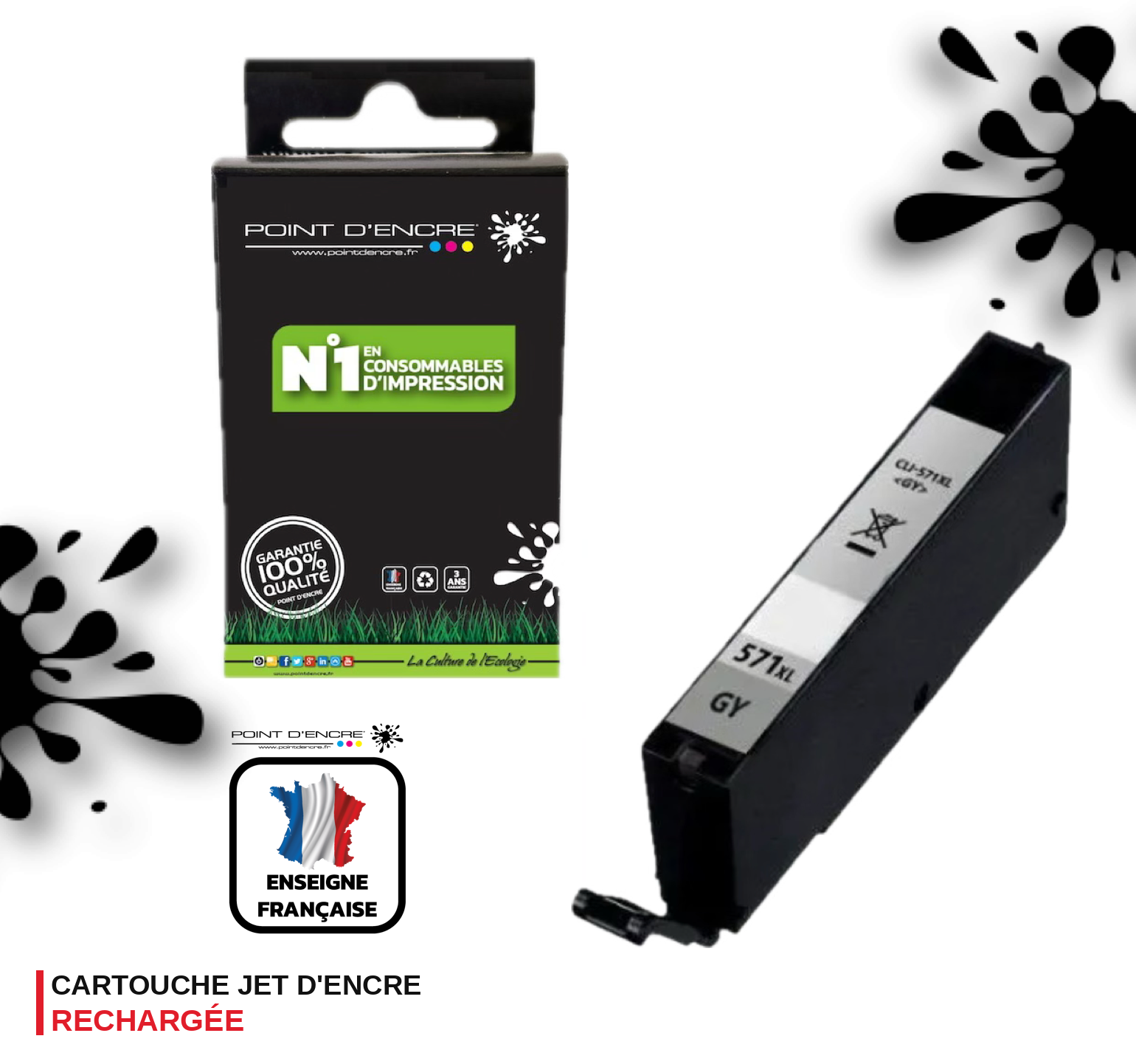 CLI-571XL - GRISE - Grande capacité de Marque Française POINT D'ENCRE Pour imprimante compatible CANON (cec)