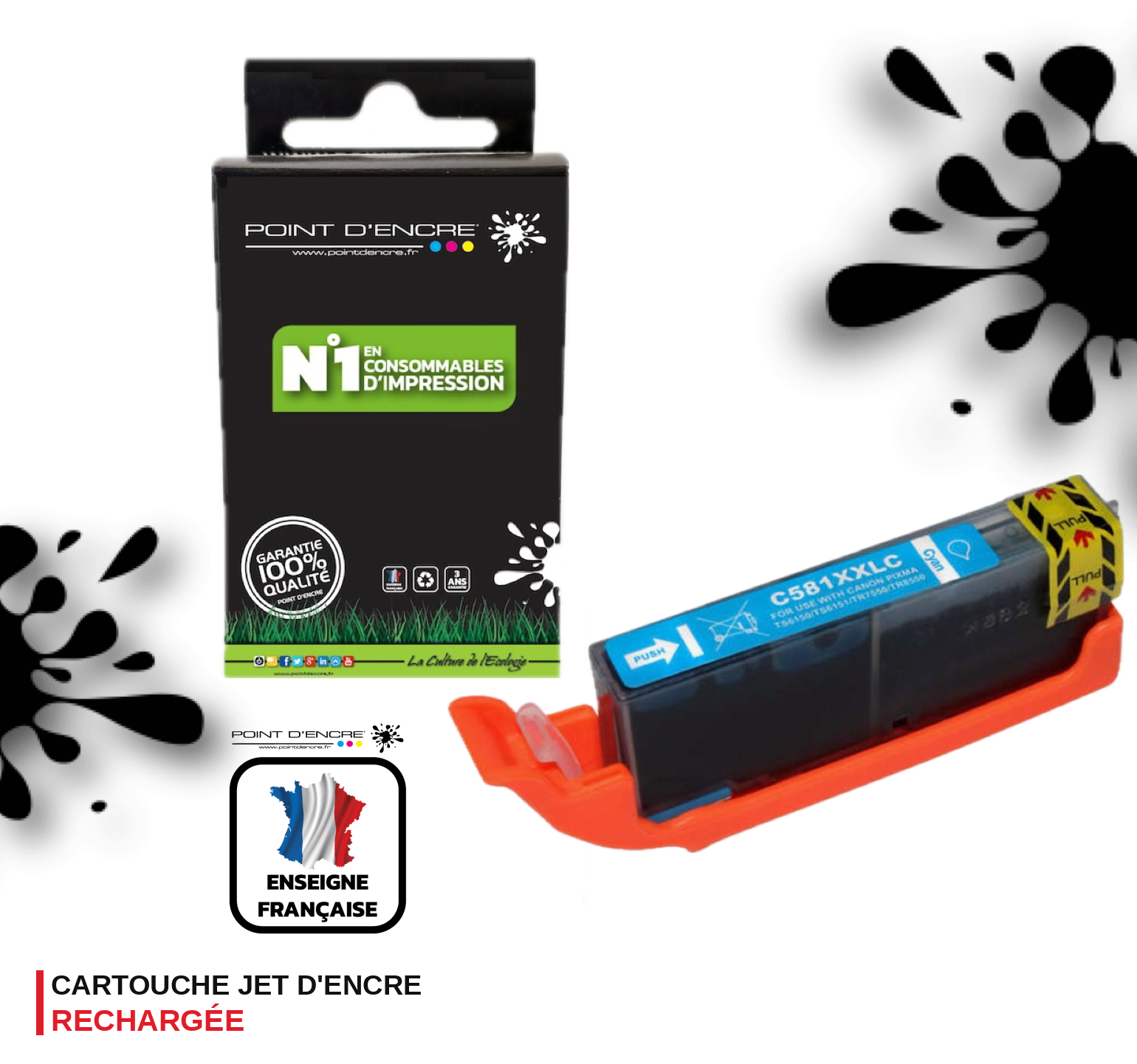 CLI-581XXL - CYAN - Grande capacité de Marque Française POINT D'ENCRE Pour imprimante compatible CANON (cec)