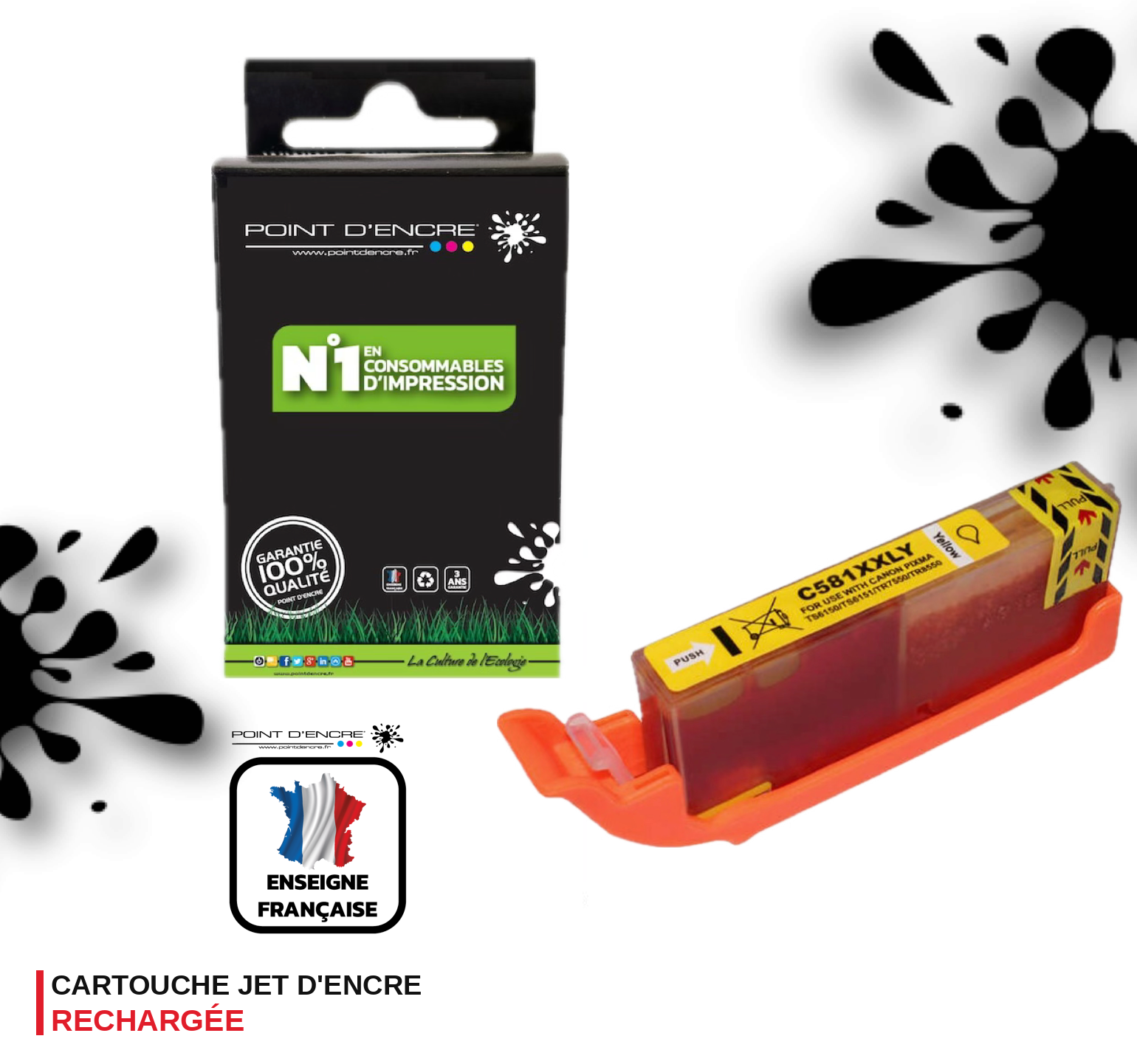 CLI-581XXL - JAUNE - Grande capacité de Marque Française POINT D'ENCRE Pour imprimante compatible CANON (cec)