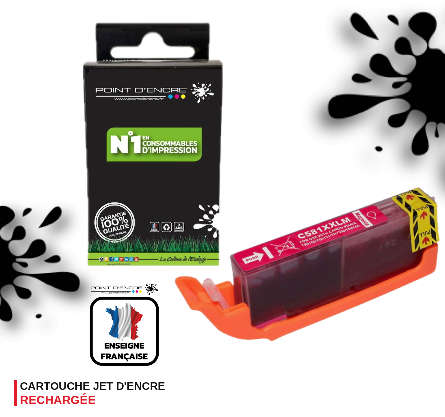 CLI-581XXL - MAGENTA - Grande capacité de Marque Française POINT D'ENCRE Pour imprimante compatible CANON (cec)
