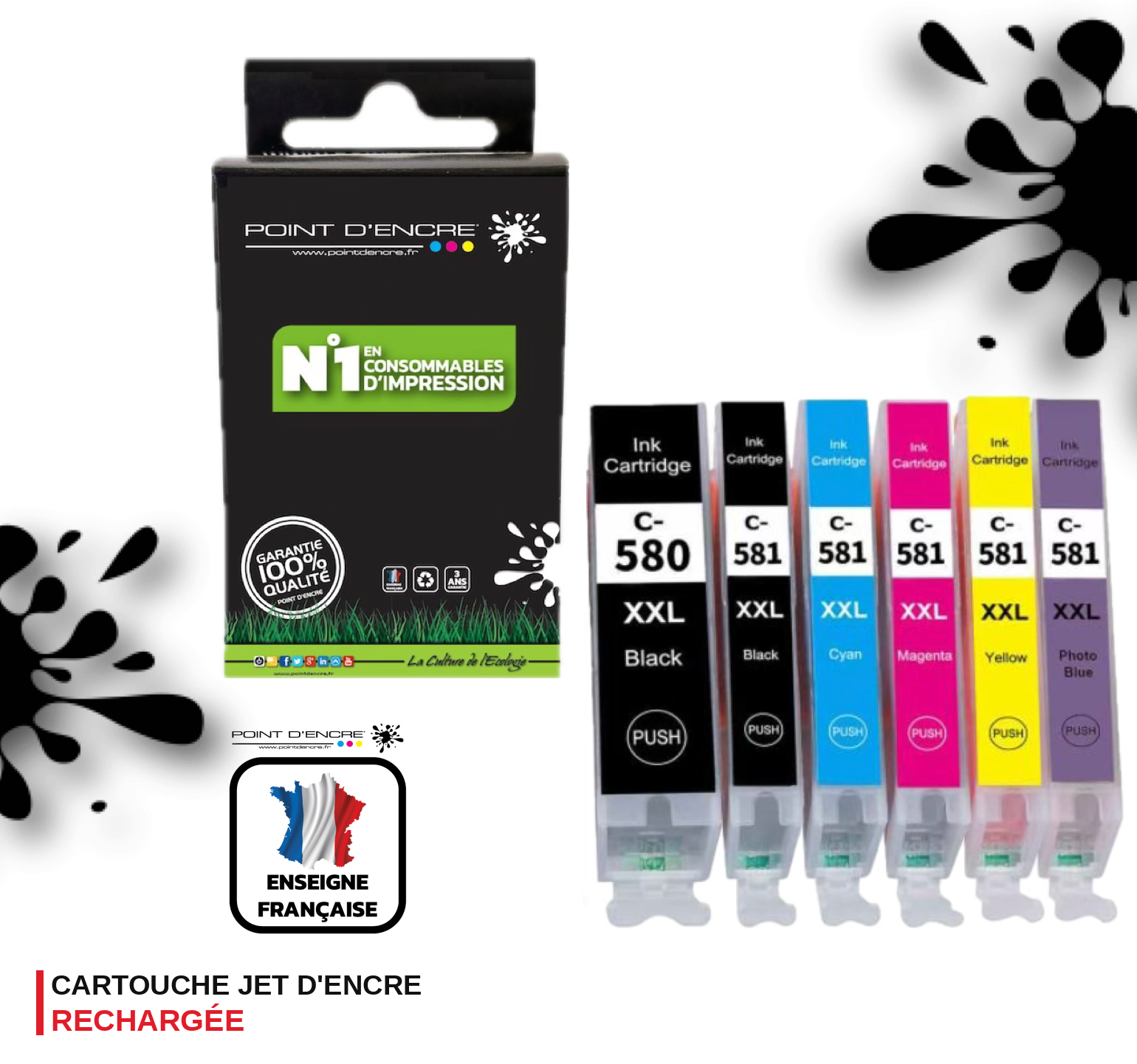 PGI-580XXL / CLI-581XXL - Pack Noir / Cyan / Magenta / Jaune / violet - Grande capacité de Marque Française POINT D'ENCRE Pour imprimante compatible CANON (cec)