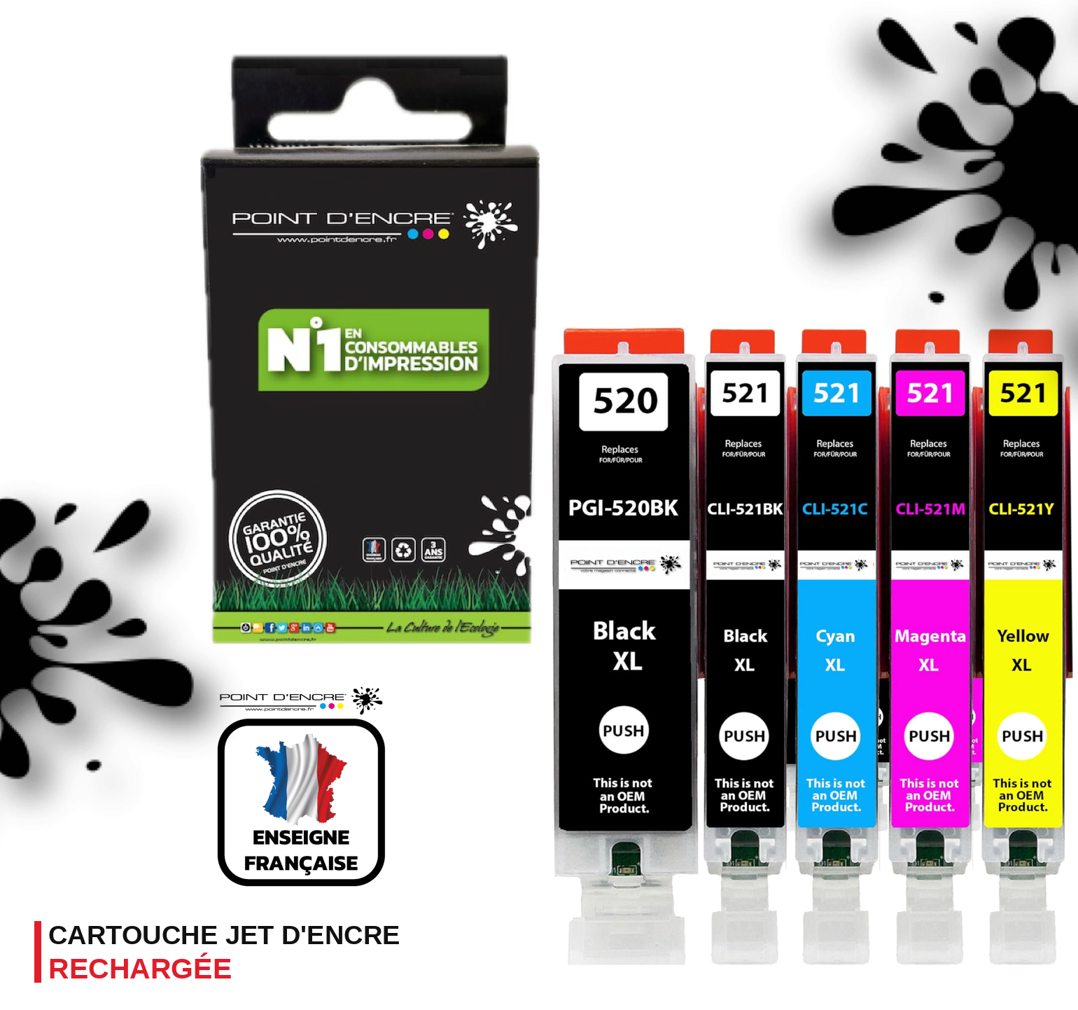 PGI-520 / CLI-521 - Pack NOIR / NOIR PH / CYAN / MAGENTA / JAUNE - Grande capacité de Marque Française POINT D'ENCRE - Pour imprimante compatible CANON (cec)