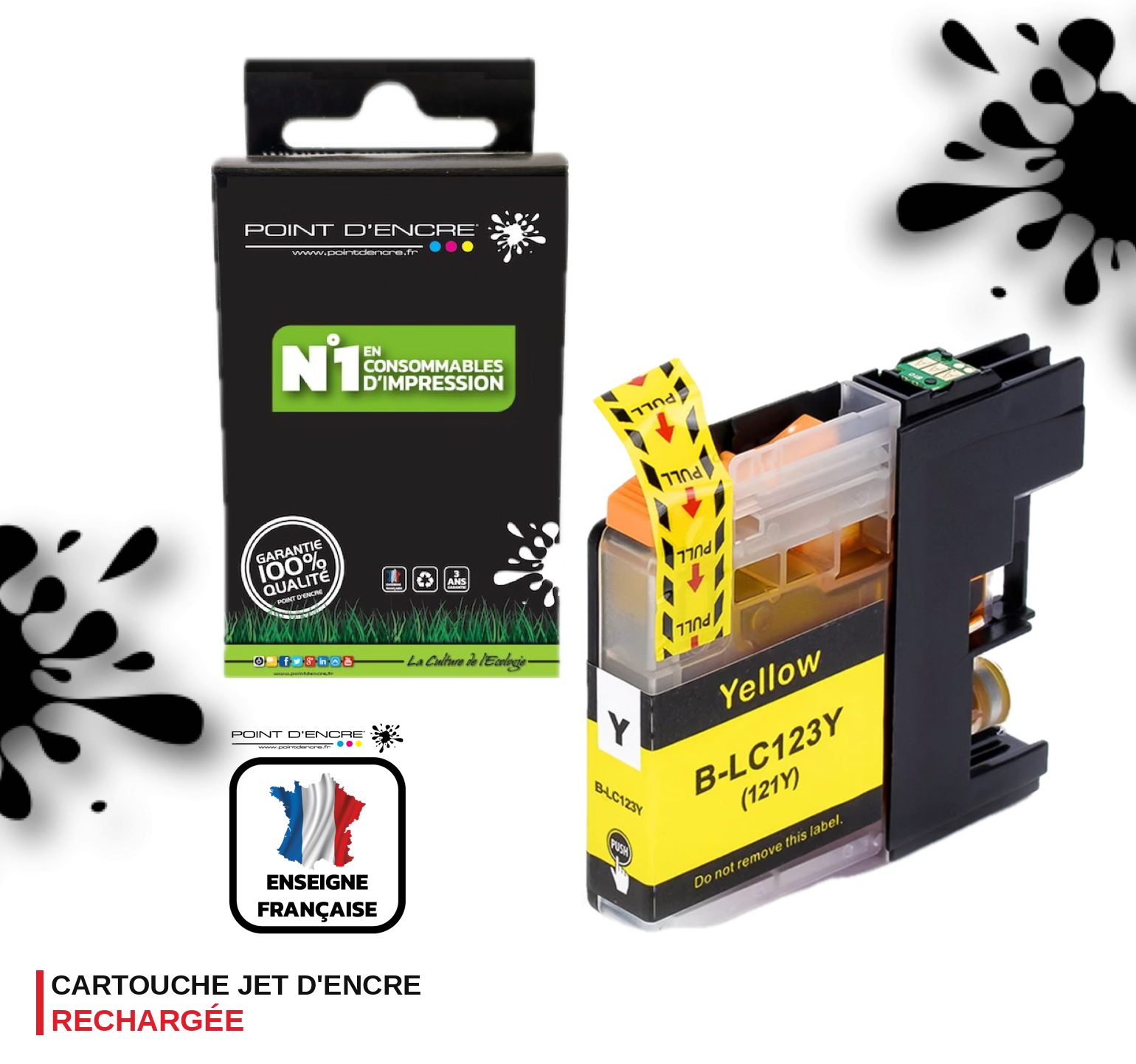 LC123XL/LC121XL - JAUNE - Grande capacité de Marque Francaise POINT D'ENCRE Pour imprimante compatible BROTHER (ceb)