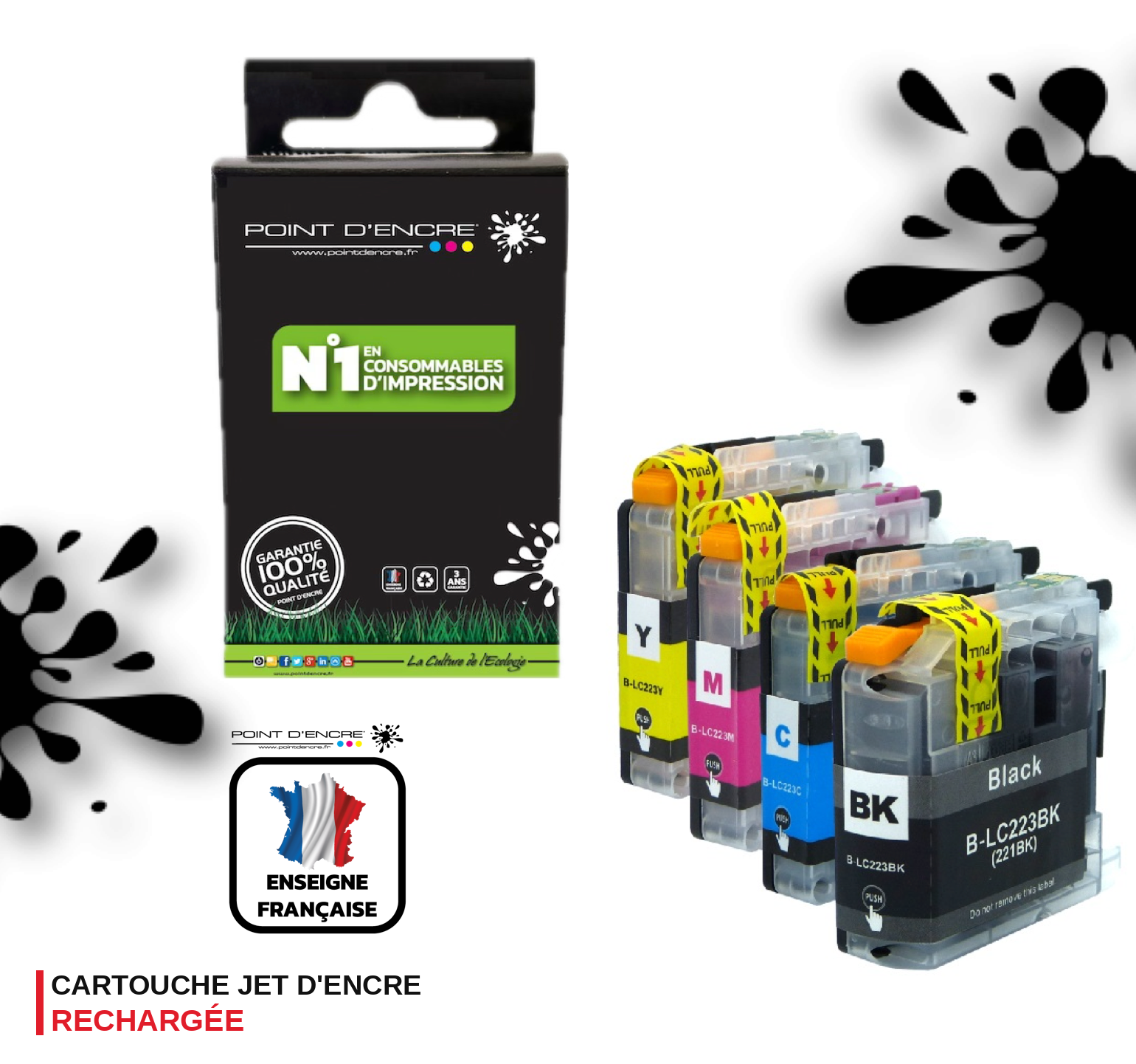LC223XL/LC221XL - Pack de 4 Cartouches D'encre Noir/Cyan/Magenta/ Jaune - Grande capacité de Marque Française POINT D'ENCRE Pour imprimante compatible BROTHER (ceb)