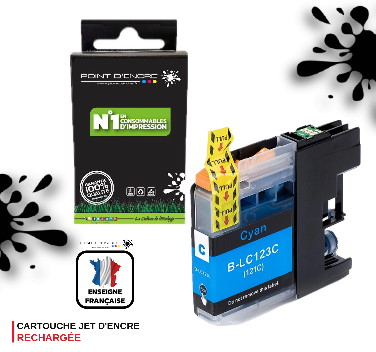 LC123XL/LC121XL - CYAN - Grande capacité de Marque Francaise POINT D'ENCRE Pour imprimante compatible BROTHER (ceb)