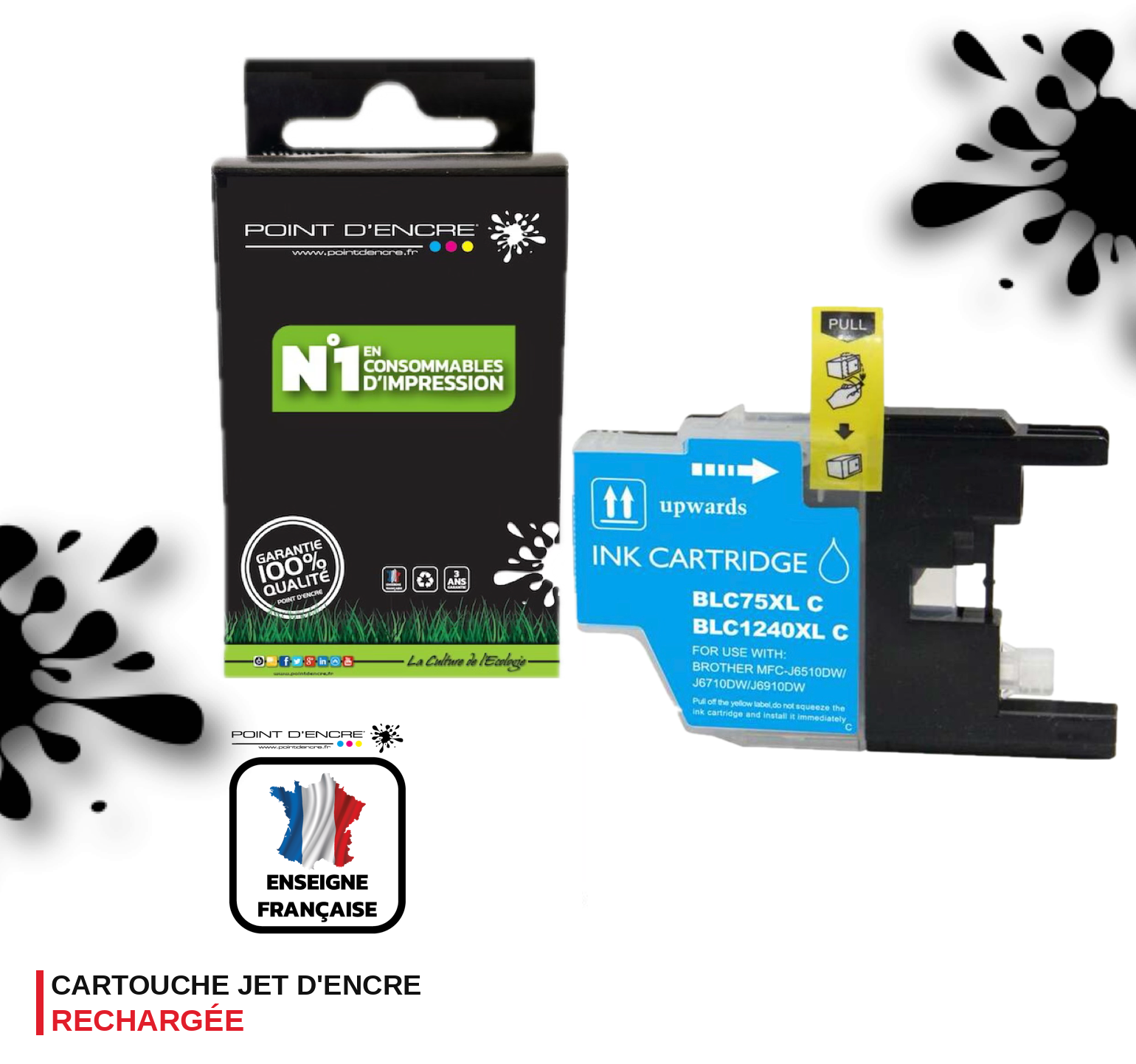 LC1240XL/LC1220XL/LC1280XL - CYAN - Grande capacité de Marque Française POINT D'ENCRE Pour imprimante compatible BROTHER (ceb)