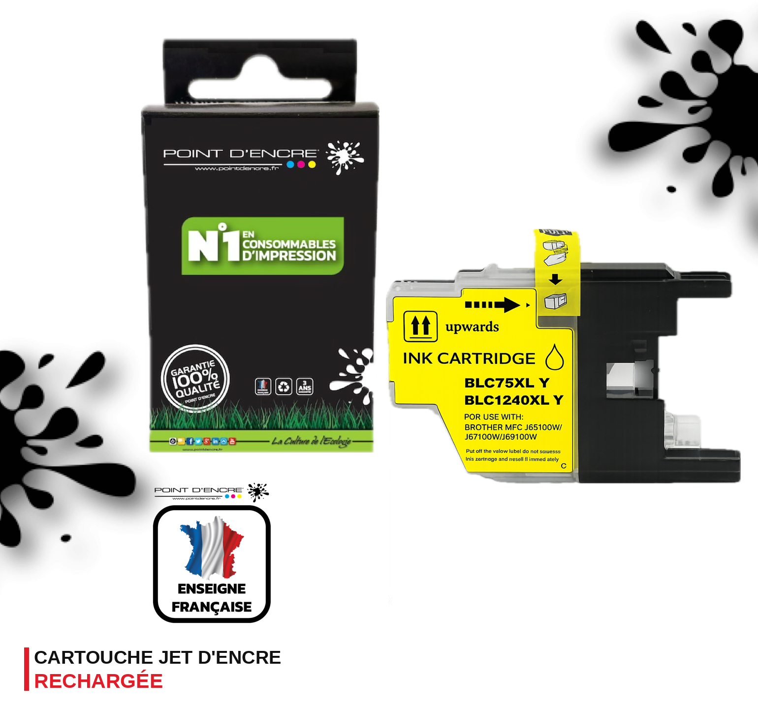 LC1240XL/LC1220XL/LC1280XL - JAUNE - Grande capacité de Marque Française POINT D'ENCRE Pour imprimante compatible BROTHER (ceb)