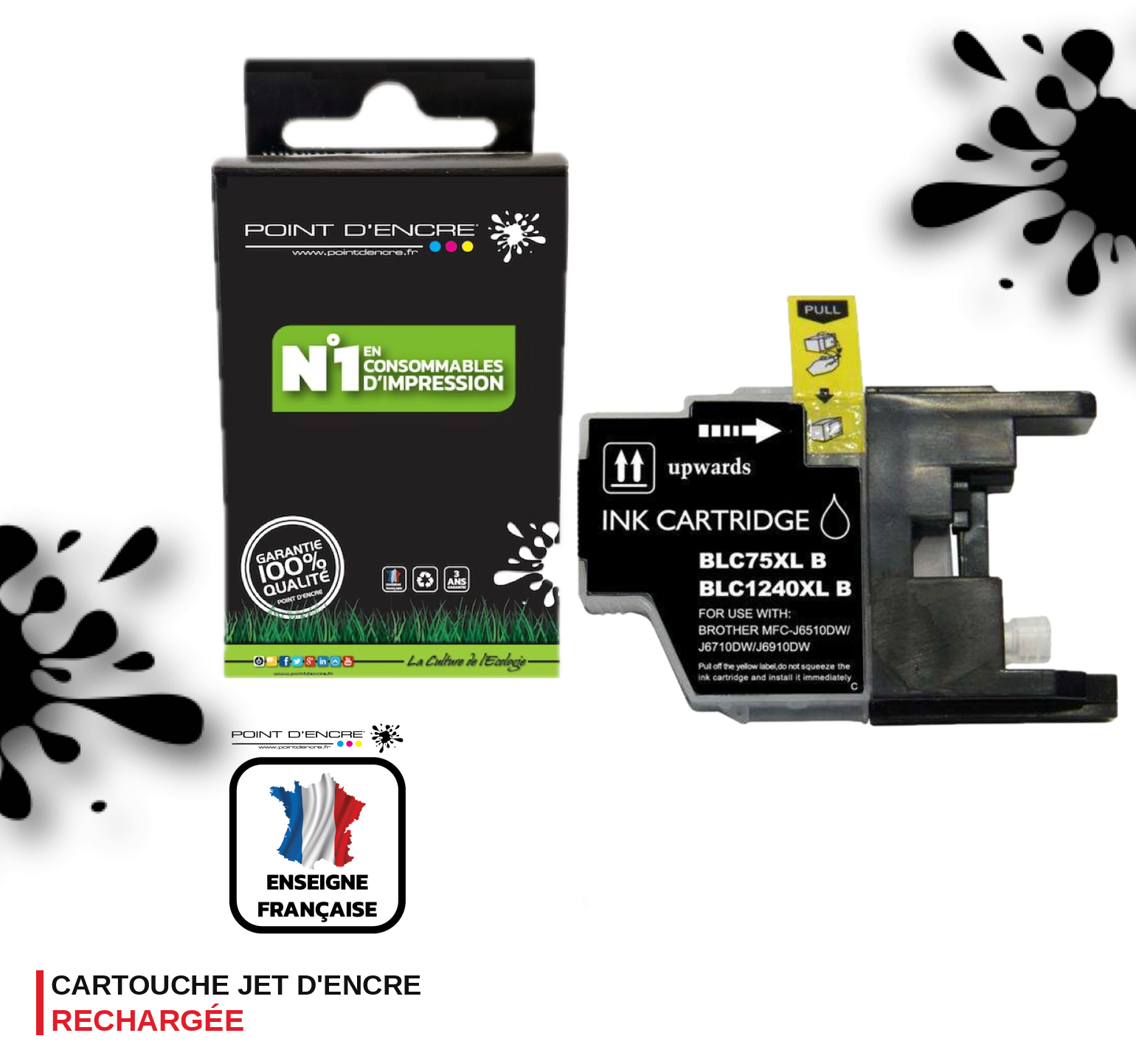 LC1240XL/LC1220XL/LC1280XL - NOIR - Grande capacité de Marque Française POINT D'ENCRE Pour imprimante compatible BROTHER (ceb)