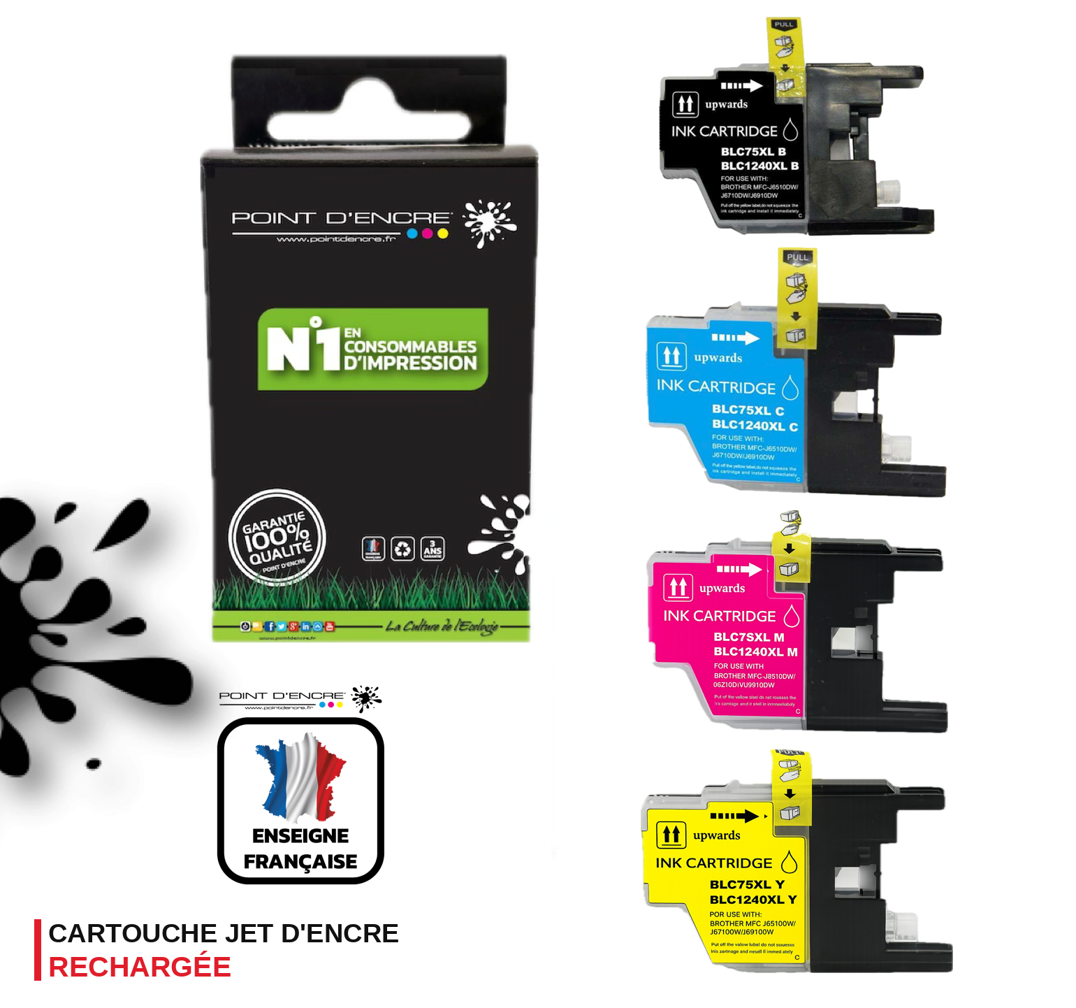 LC1240XL/LC1220XL/LC1280XL - Pack de 4 Cartouches D'encre Noir/Cyan/Magenta/ Jaune - Grande capacité de Marque Française POINT D'ENCRE Pour imprimante compatible BROTHER (ceb)