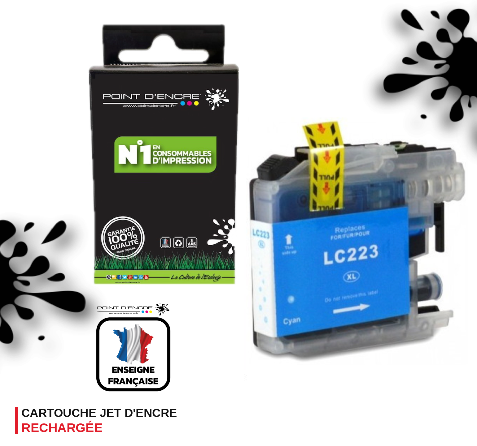 LC223XL/LC221XL - CYAN - Grande capacité de Marque Française POINT D'ENCRE Pour imprimante compatible BROTHER (ceb)