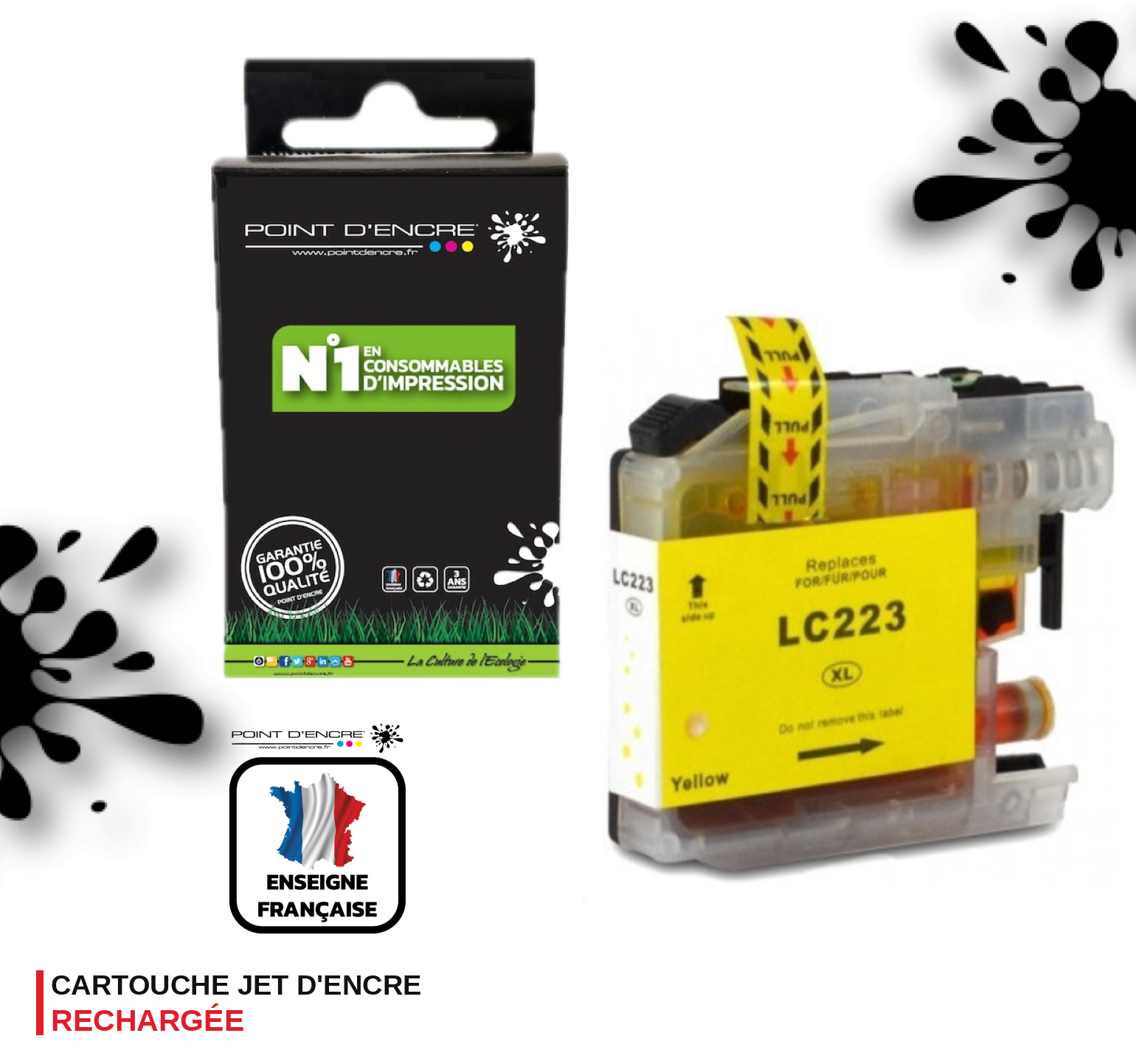 LC223XL/LC221XL - JAUNE - Grande capacité de Marque Française POINT D'ENCRE Pour imprimante compatible BROTHER (ceb)
