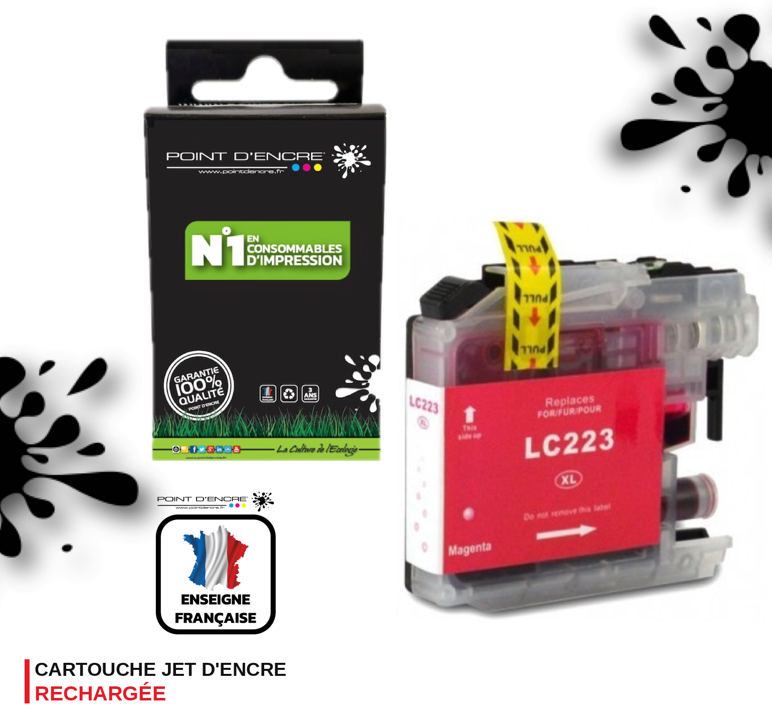 LC223XL/LC221XL - MAGENTA - Grande capacité de Marque Française POINT D'ENCRE Pour imprimante compatible BROTHER (ceb)