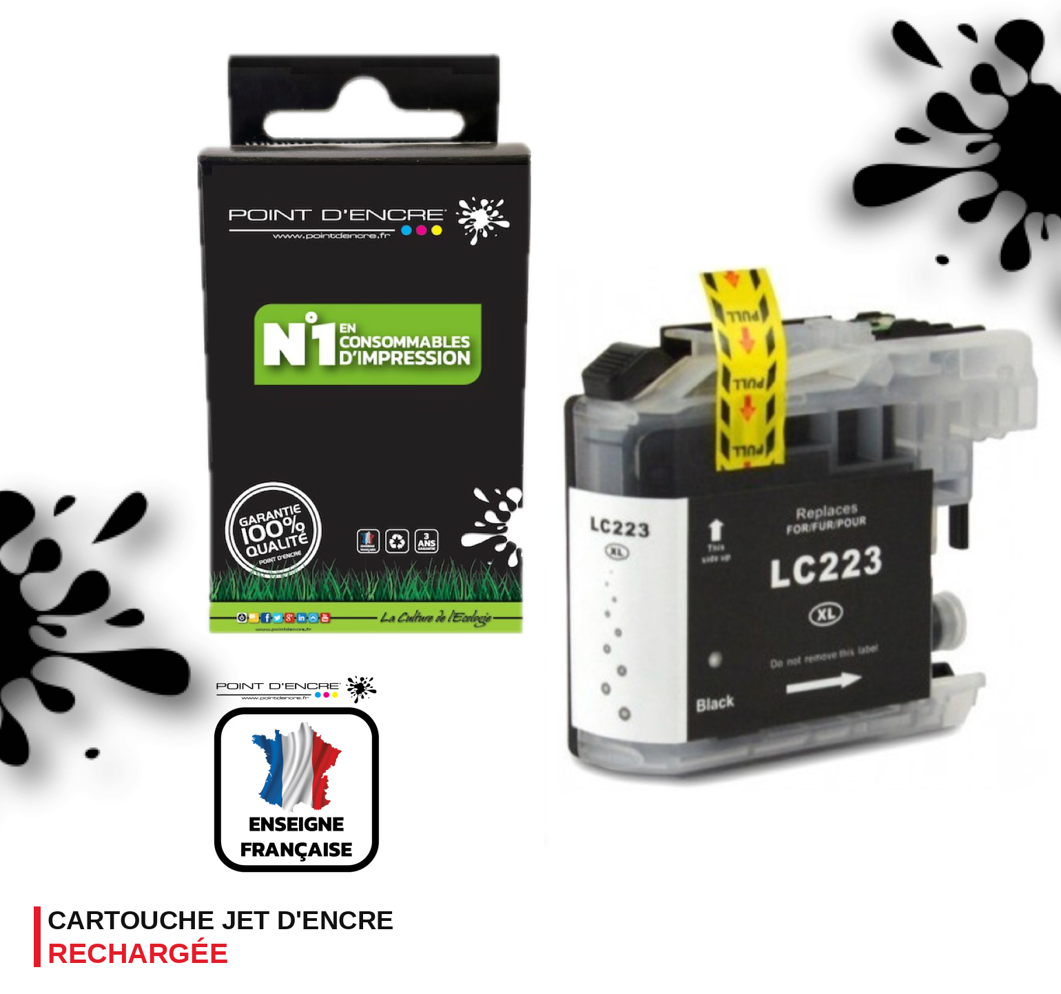 LC223XL/LC221XL - NOIR - Grande capacité de Marque Française POINT D'ENCRE Pour imprimante compatible BROTHER (ceb) (Copie)