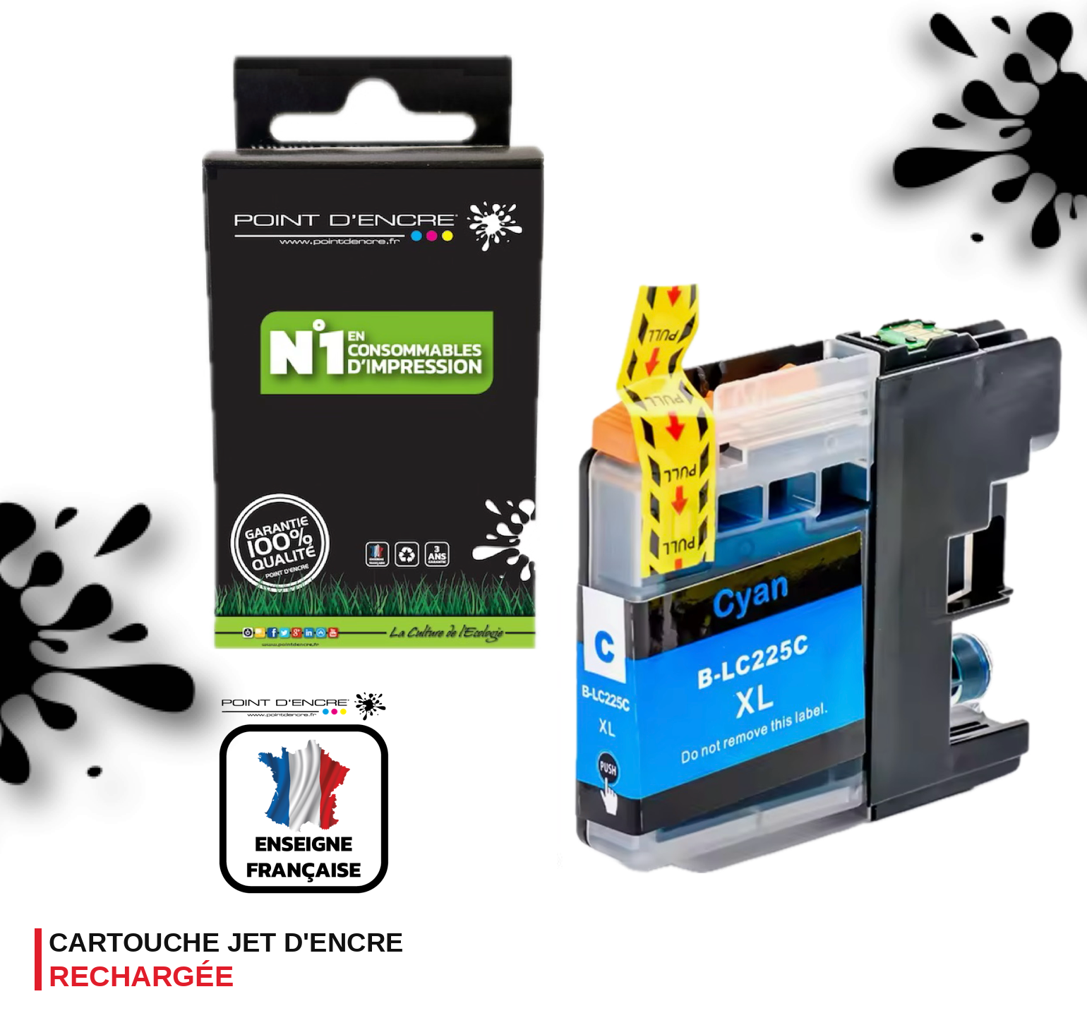 LC225XL - CYAN - Grande capacité de Marque Française POINT D'ENCRE Pour imprimante compatible BROTHER (ceb)