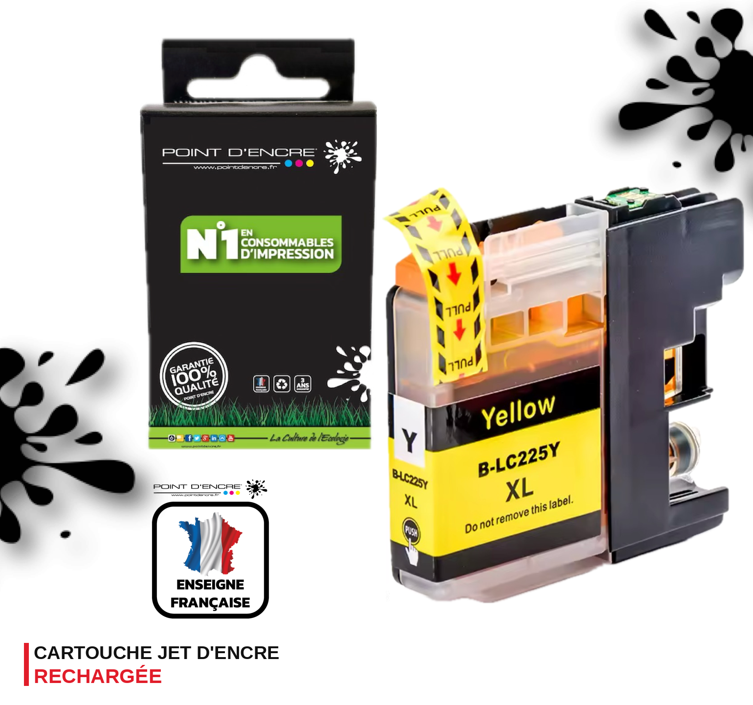 LC225XL - JAUNE - Grande capacité de Marque Française POINT D'ENCRE Pour imprimante compatible BROTHER (ceb)