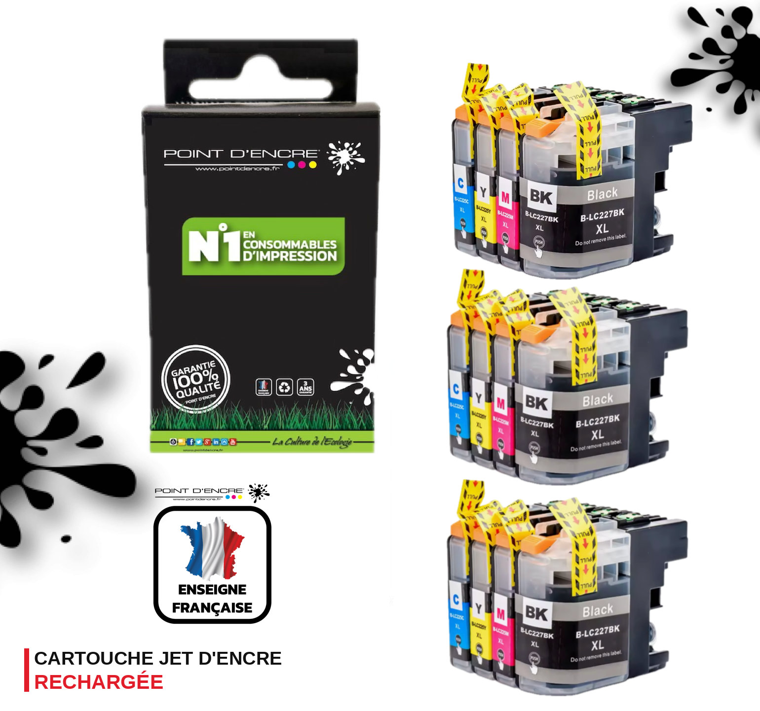 LC225XL / LC227XL - 3 X NOIR / CYAN / MAGENTA / JAUNE - Grande capacité de Marque Française POINT D'ENCRE Pour imprimante compatible BROTHER (ceb)