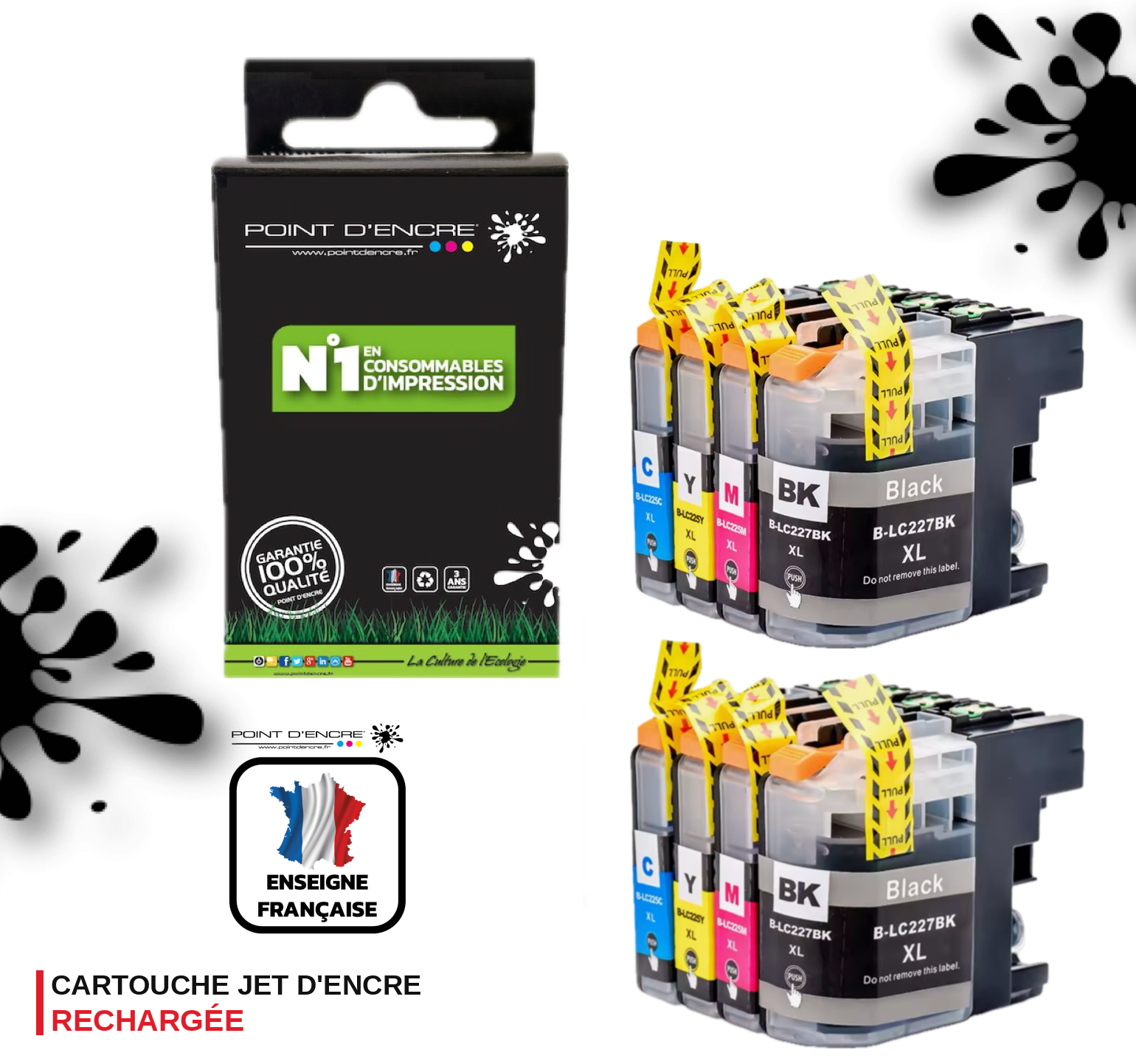LC225XL / LC227XL - 2 X NOIR / CYAN / MAGENTA / JAUNE - Grande capacité de Marque Française POINT D'ENCRE Pour imprimante compatible BROTHER (ceb)