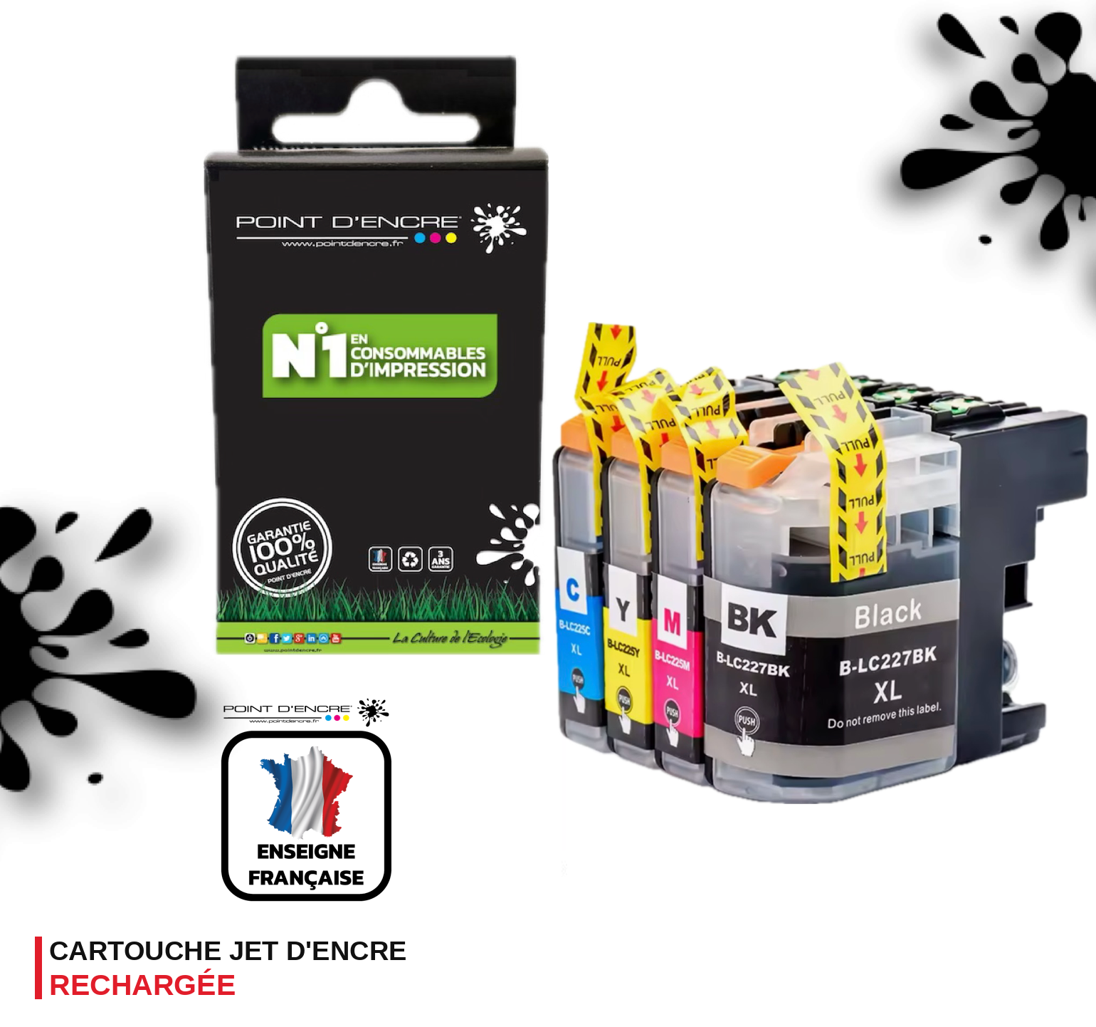 LC225XL / LC227XL - NOIR / CYAN / MAGENTA / JAUNE - Grande capacité de Marque Française POINT D'ENCRE Pour imprimante compatible BROTHER (ceb)